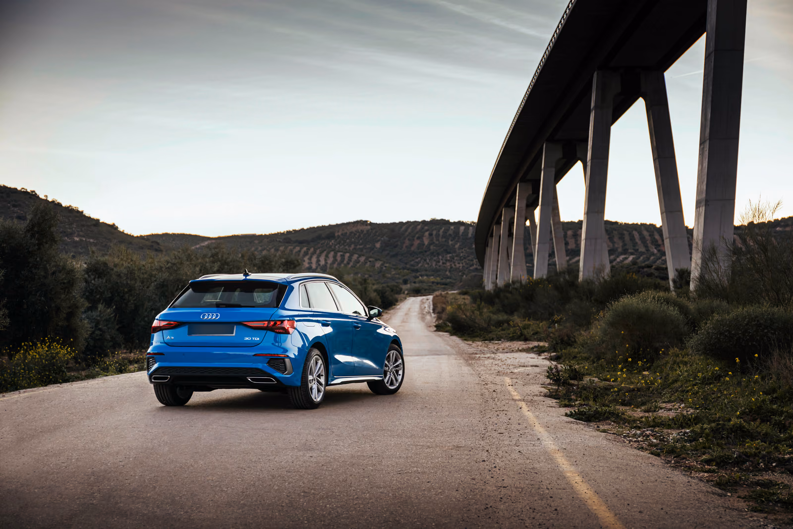 Audi A3 — голубой кузов, вид сзади у эстакады
