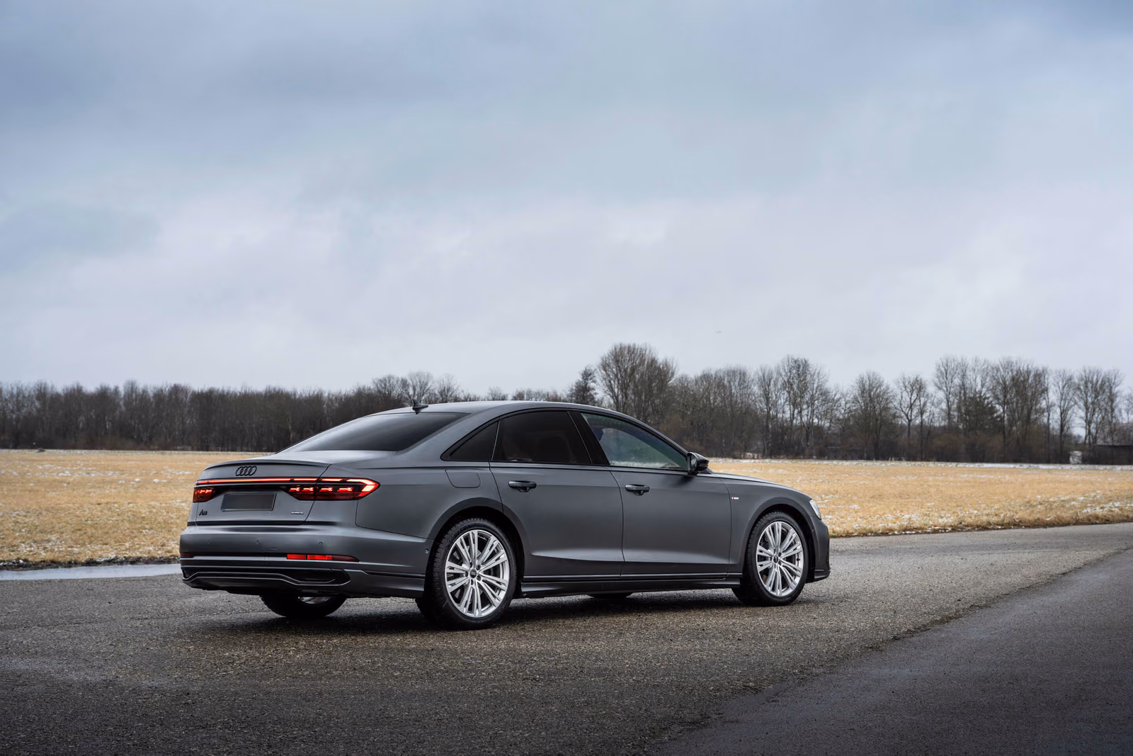 Audi A8 — вид сзади в три четверти у поля