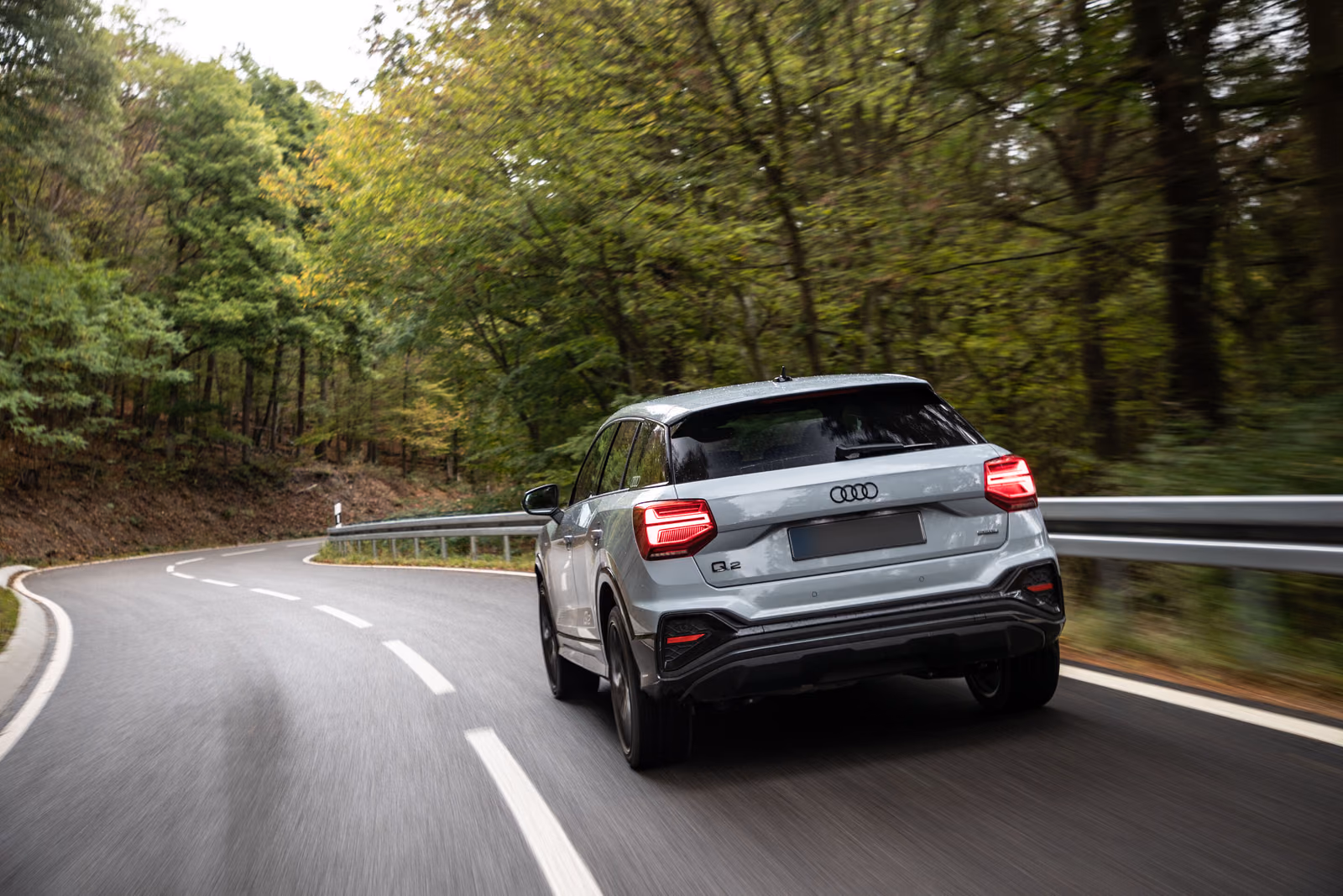 Audi Q2 — вид сзади на лесной дороге