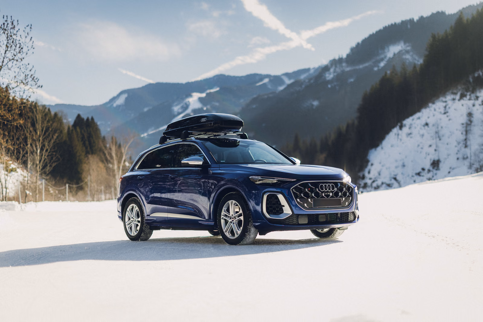 Audi Q5 — синий кузов с боксом на крыше на фоне гор
