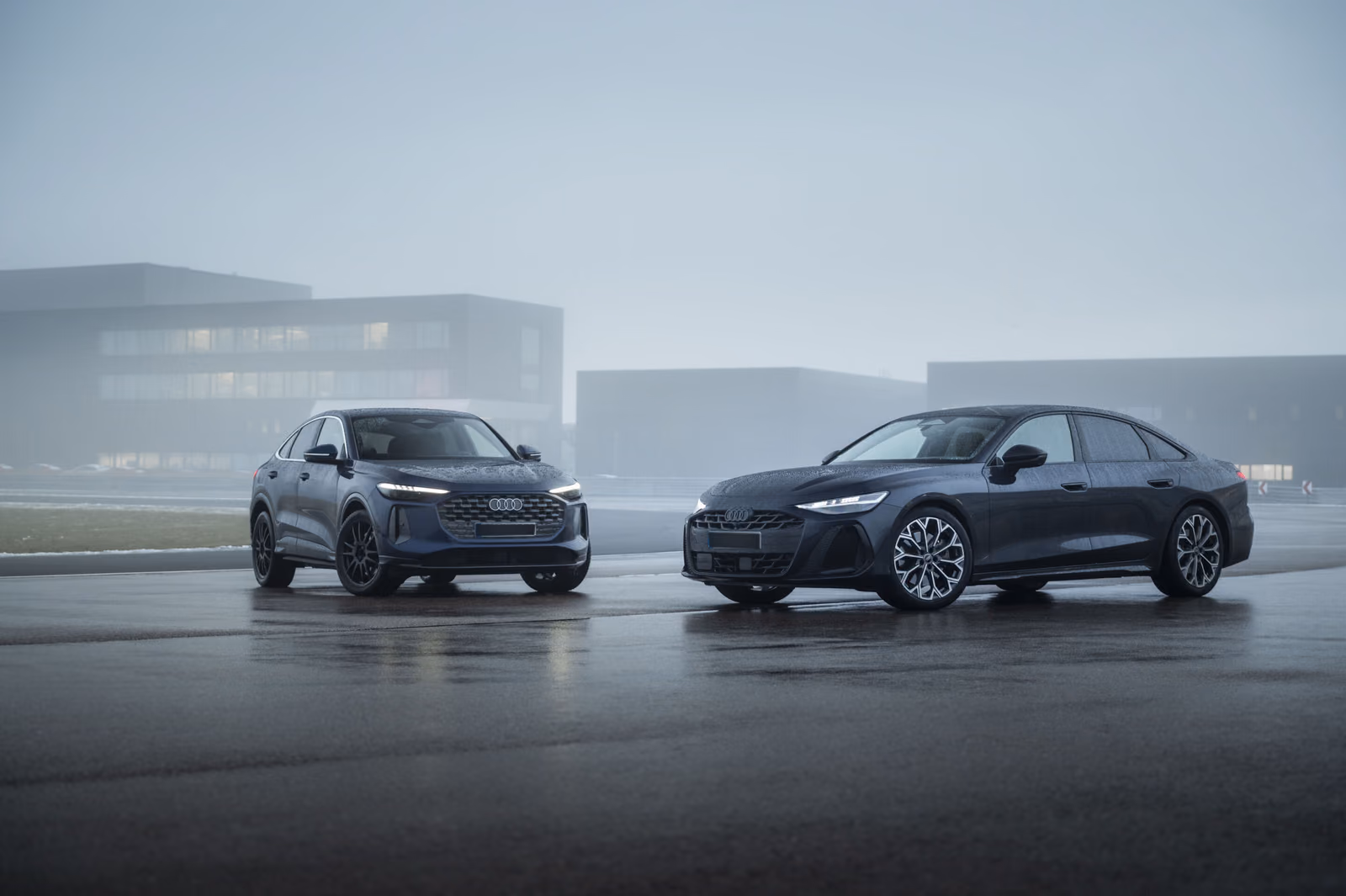 Audi Q5 и A5 — линейка в тумане у здания
