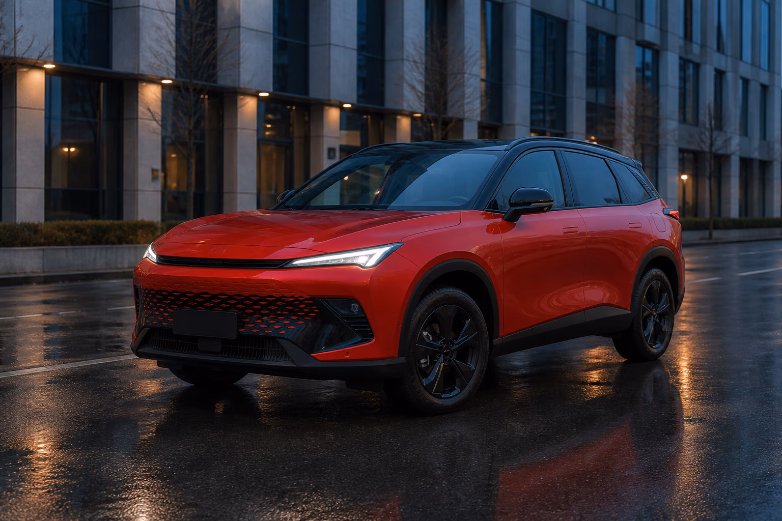 BAIC X55 на мокрой городской улице вечером
