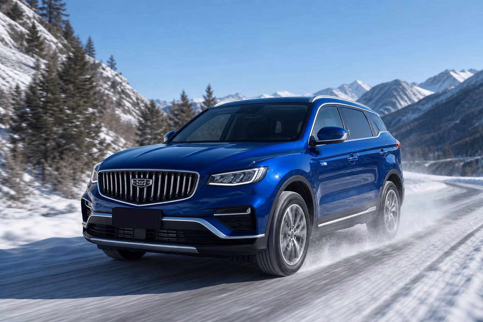 Синий Belgee X70 на заснеженной горной дороге