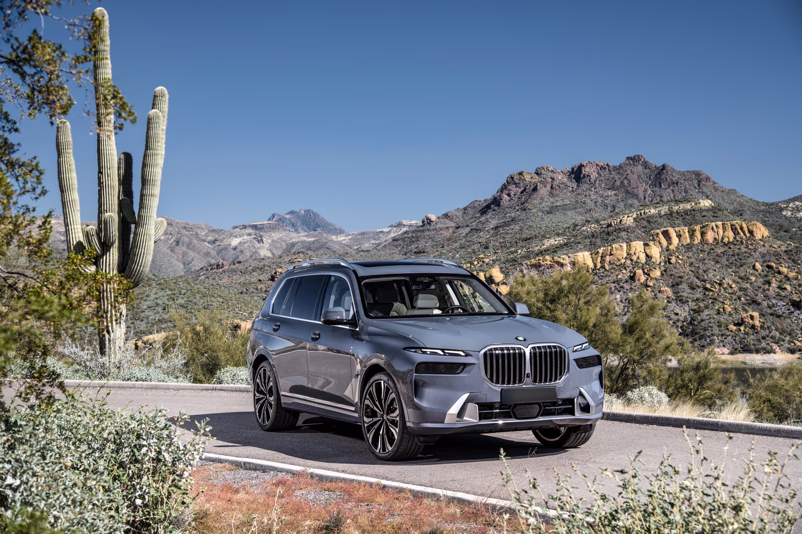 BMW X7 xDrive40i на дороге, вид спереди в три четверти
