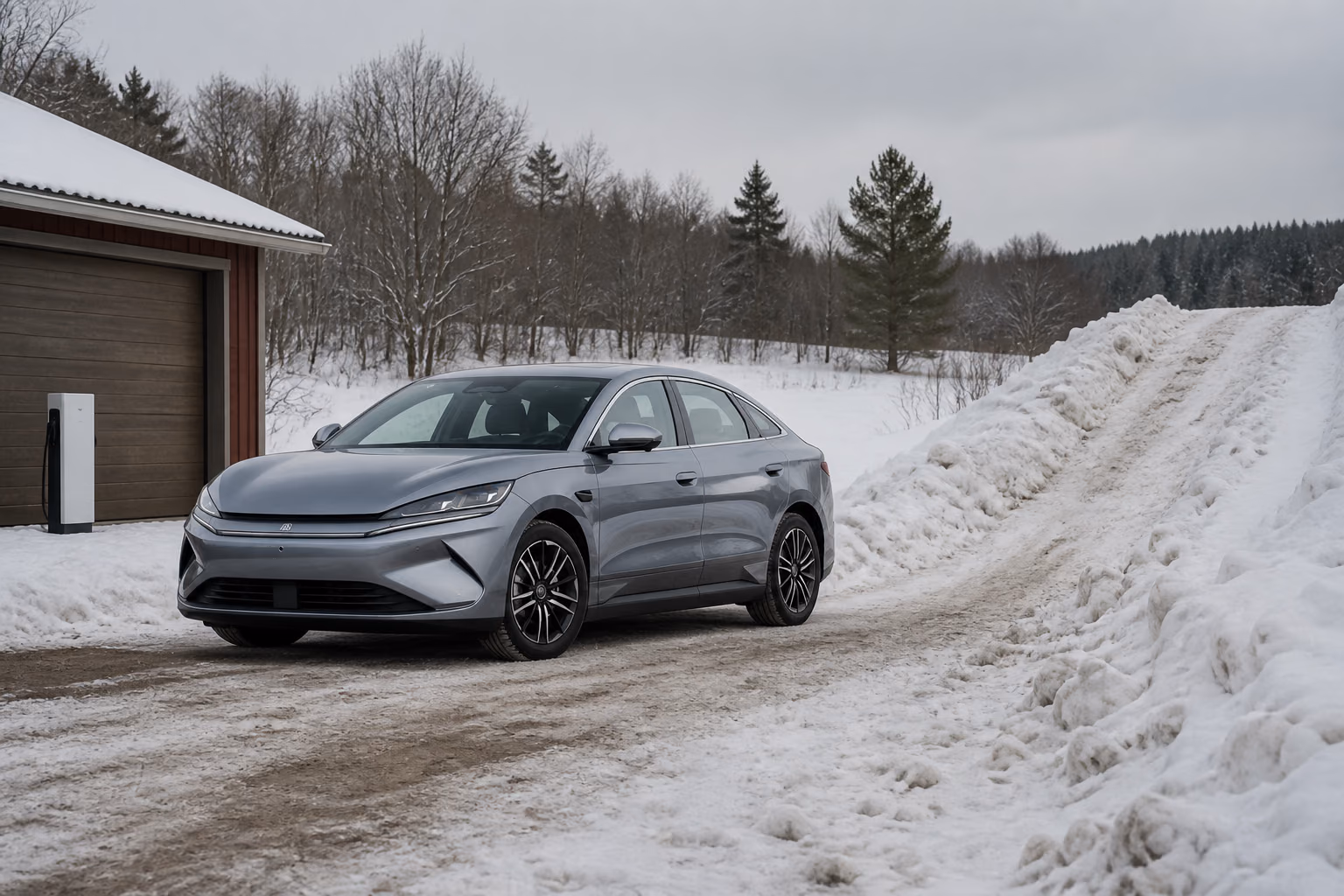 Электрический BYD Qin L у заснеженной дороги с глубокими колеями