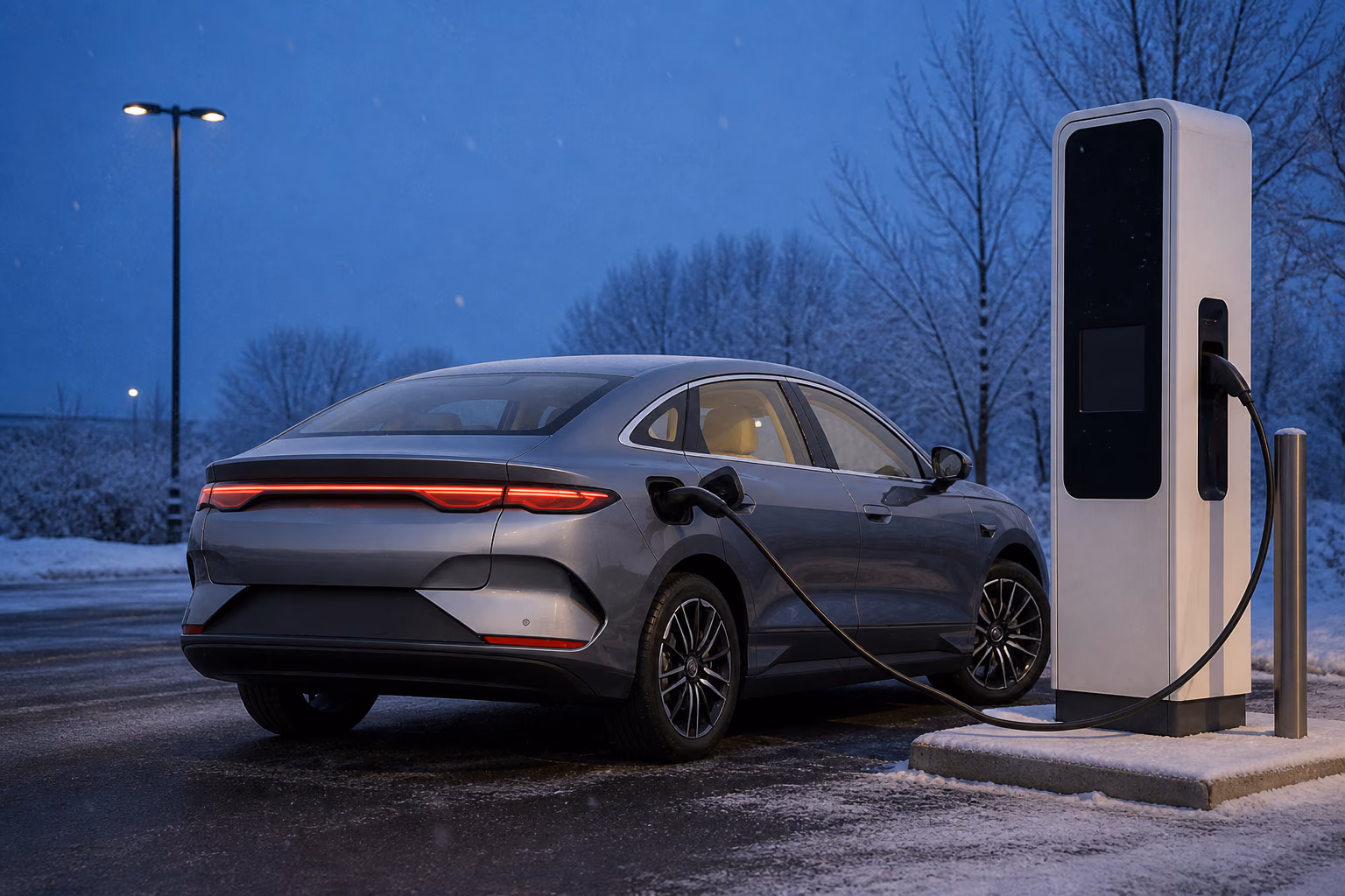 Электрический BYD Qin L EV на зарядке зимой