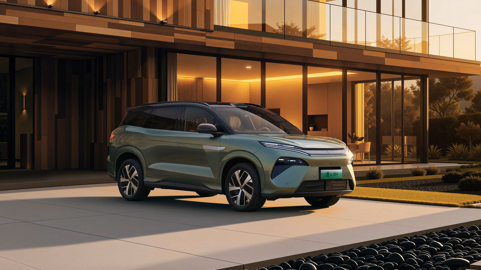 BYD Tang L серебристого цвета на фоне горного озера, пресс-фото
