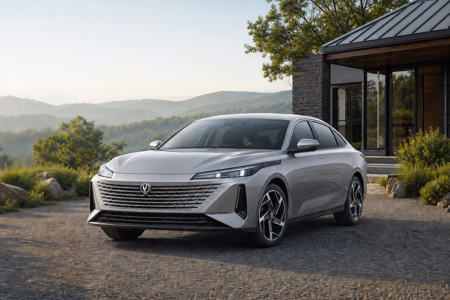Серебристый Changan Lamore у современного загородного дома