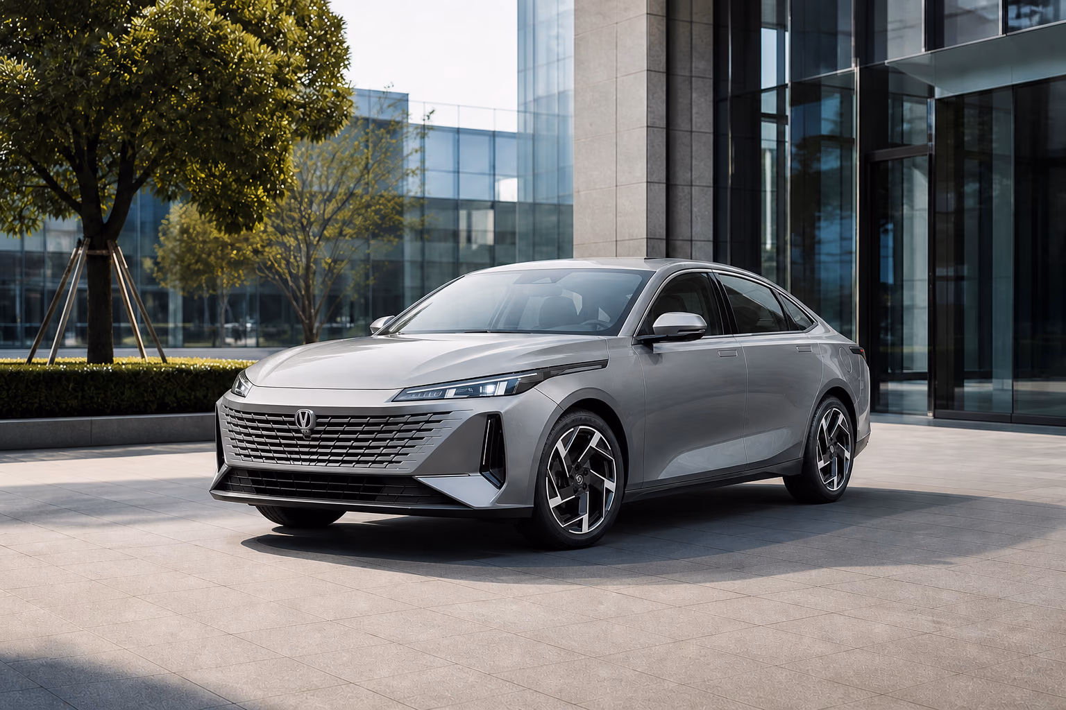 Серебристый Changan Lamore у современного бизнес-центра