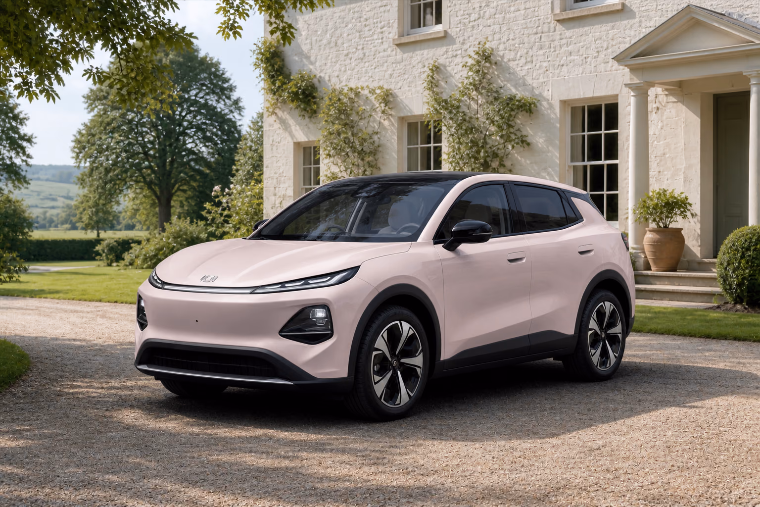 Розовый Changan Nevo Q05 у современного загородного дома