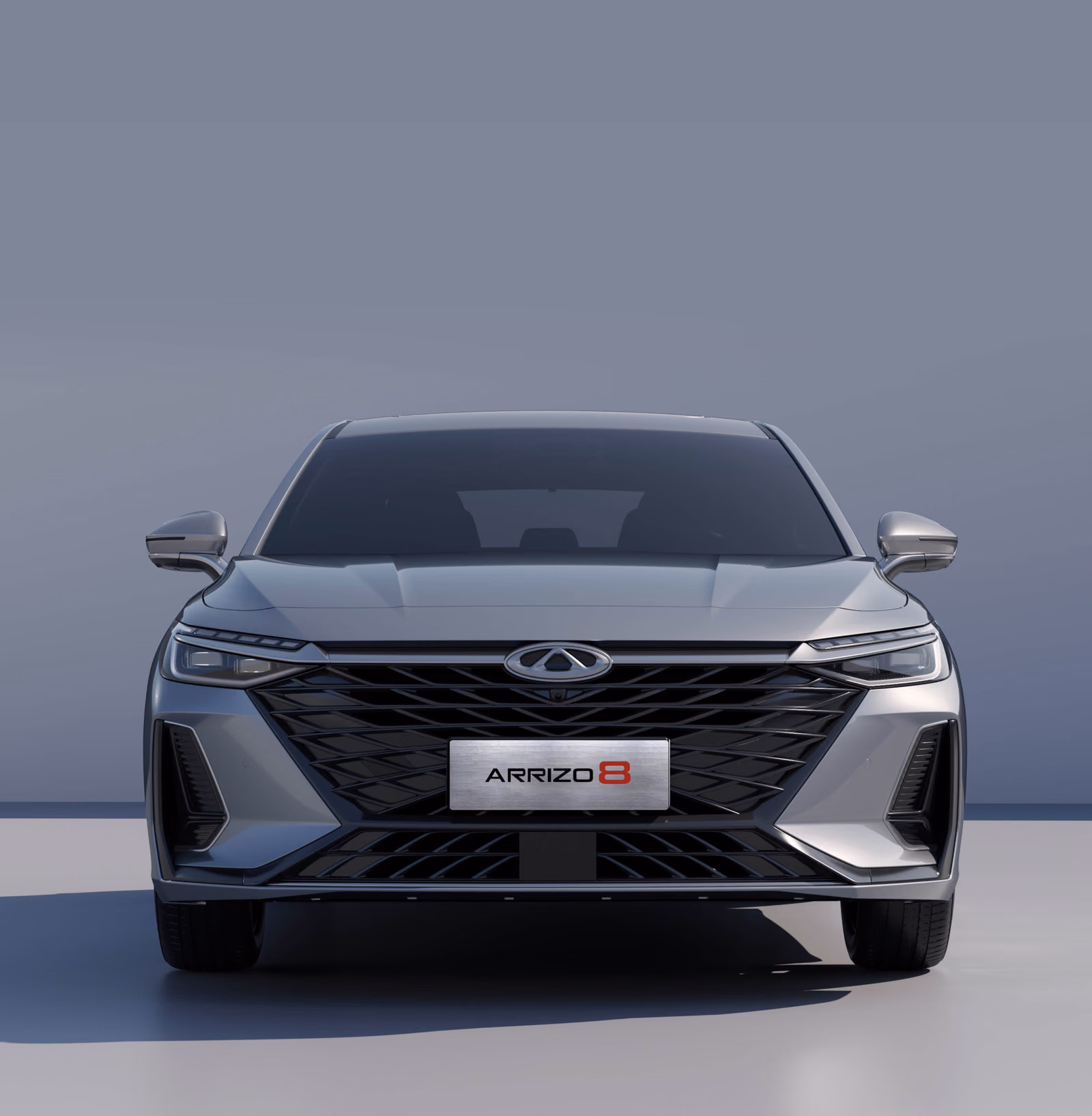 Серебристый Chery Arrizo 8 в студии, вид спереди