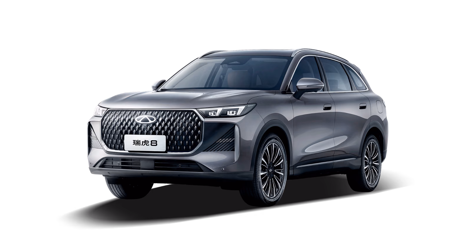 Chery Tiggo 8 в сером цвете, вид спереди в три четверти