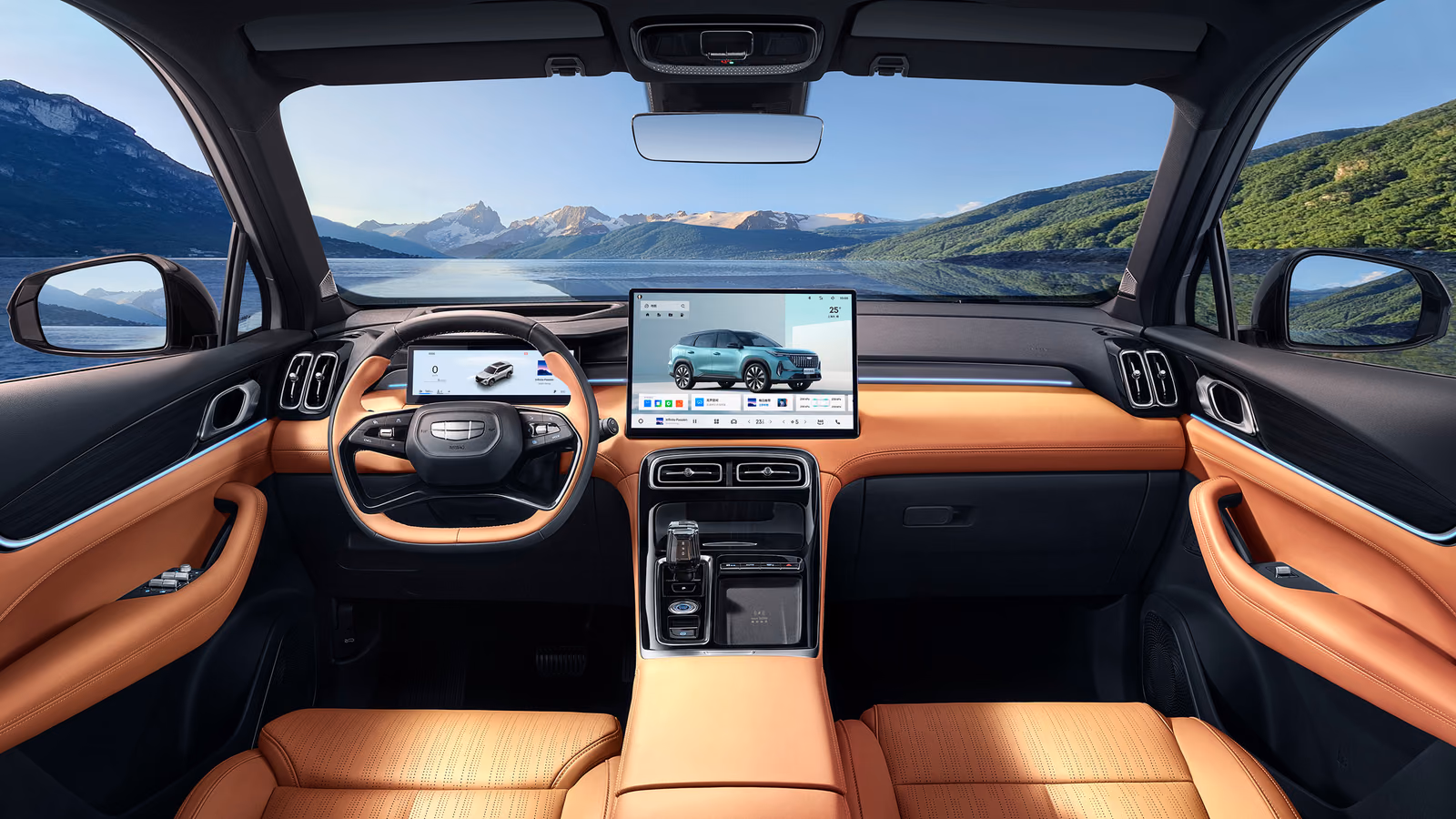 Geely Atlas L — передняя часть салона в янтарной отделке