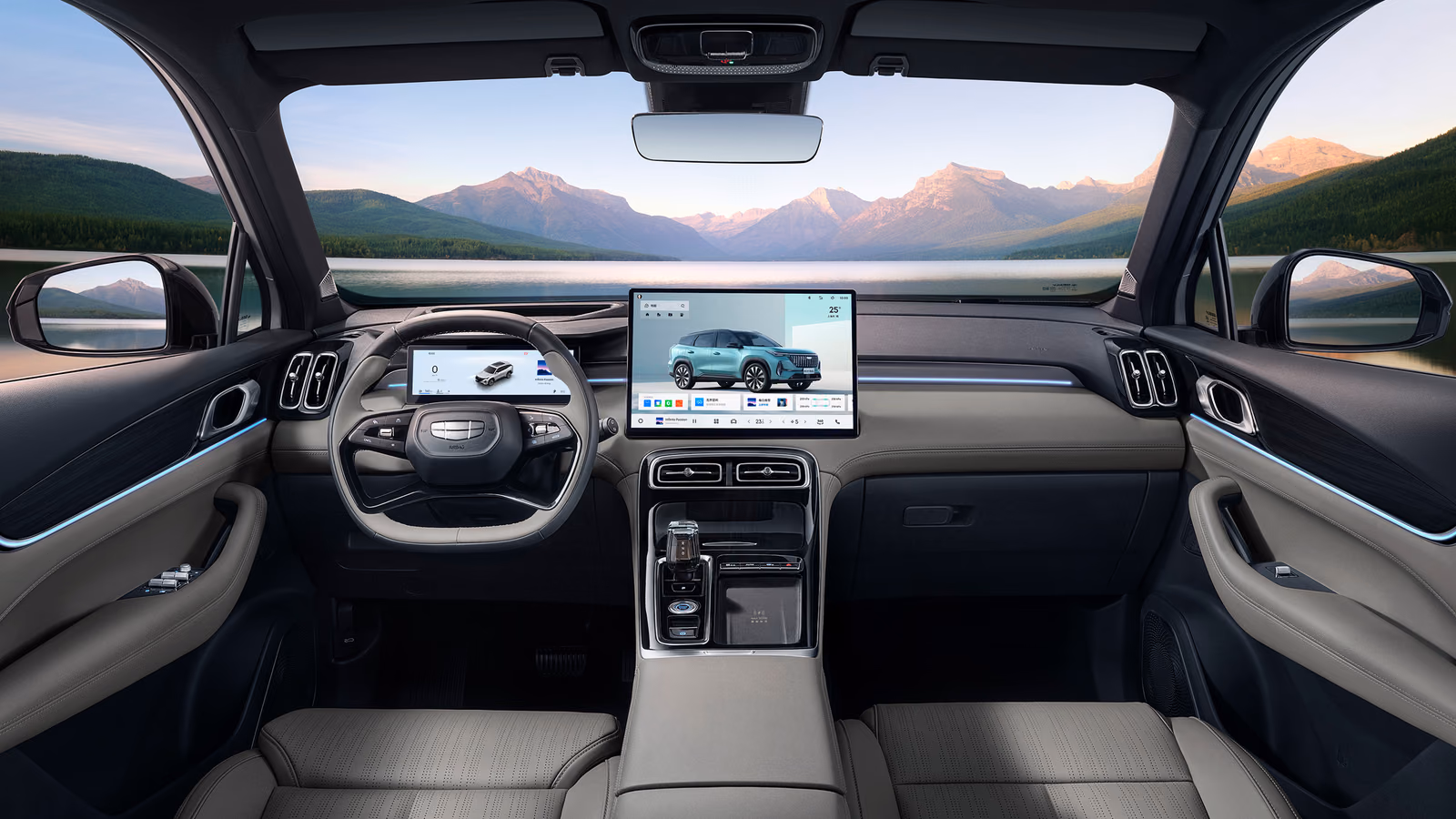 Geely Atlas L — передняя часть салона в серой отделке