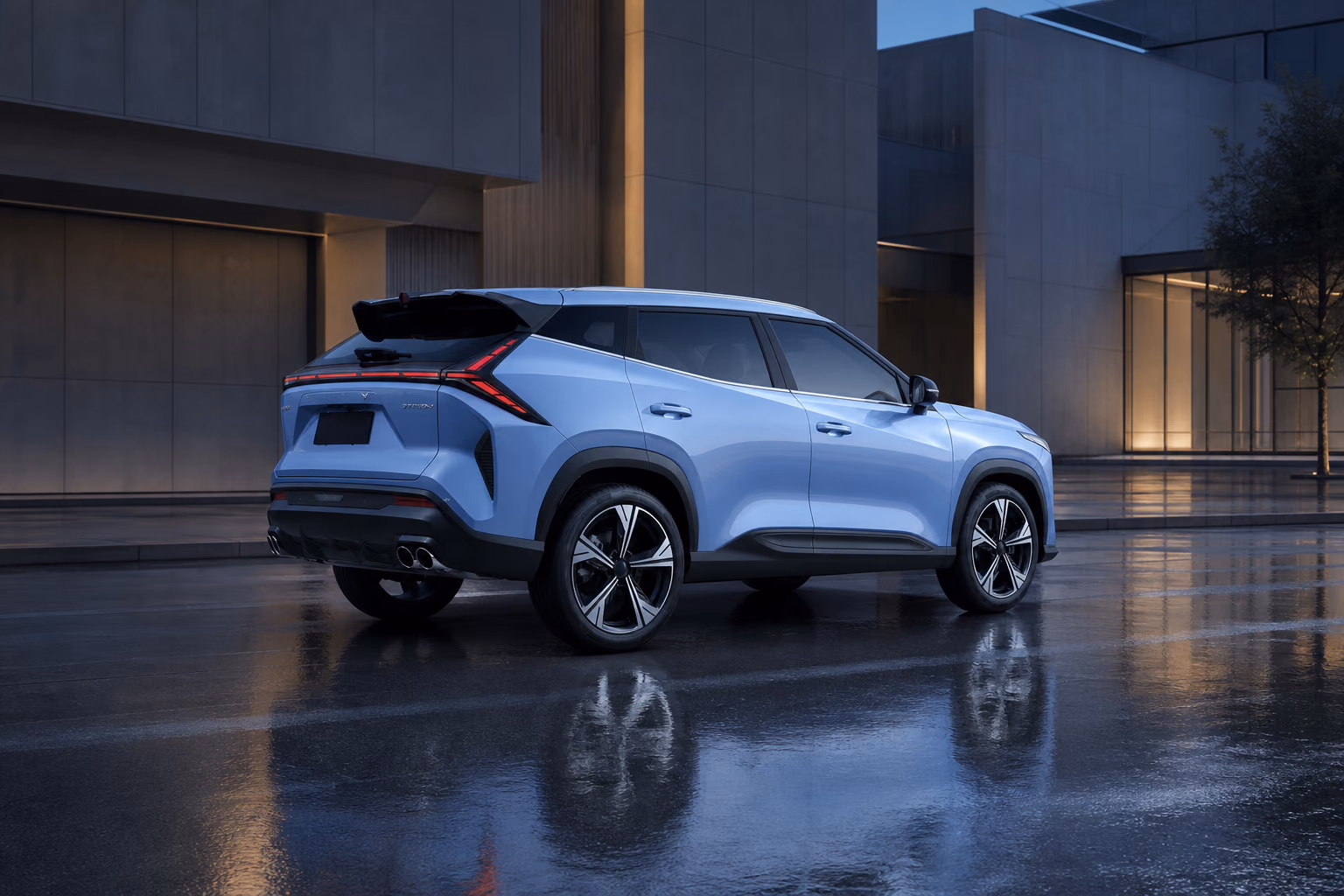 Geely Cityray на мокрой городской улице вечером