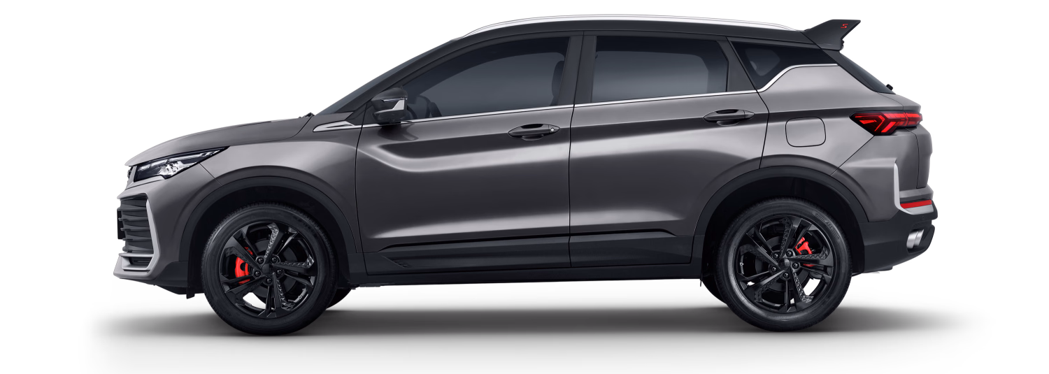 Geely Coolray серого цвета, профиль кузова слева