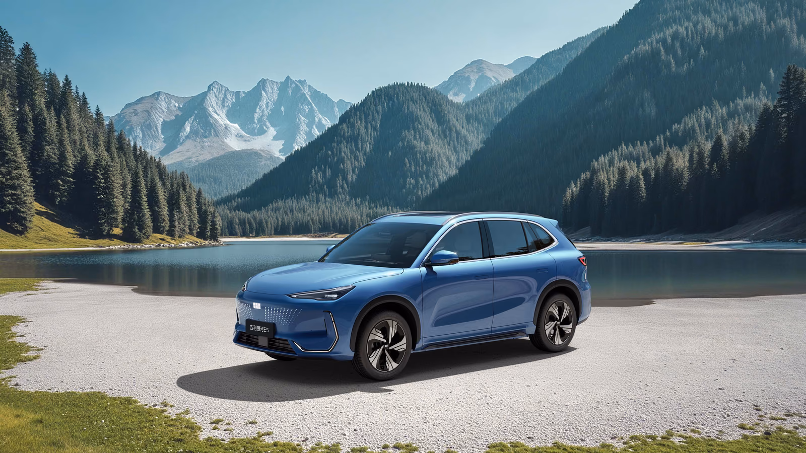 Синий Geely EX5 у горного озера