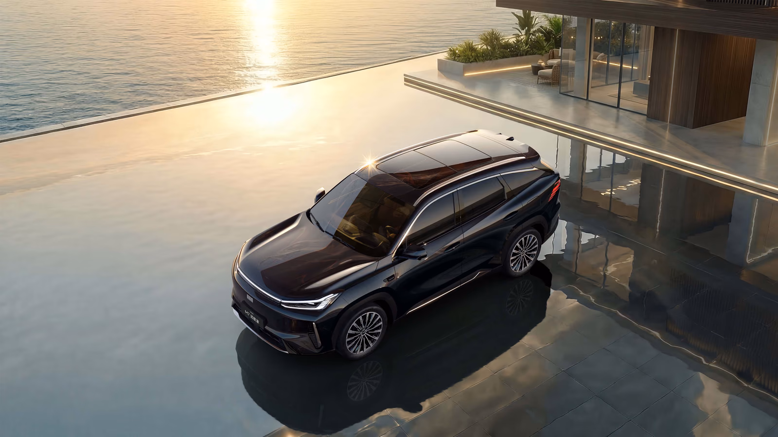 Чёрный Geely Galaxy M7 у бассейна, вид сверху