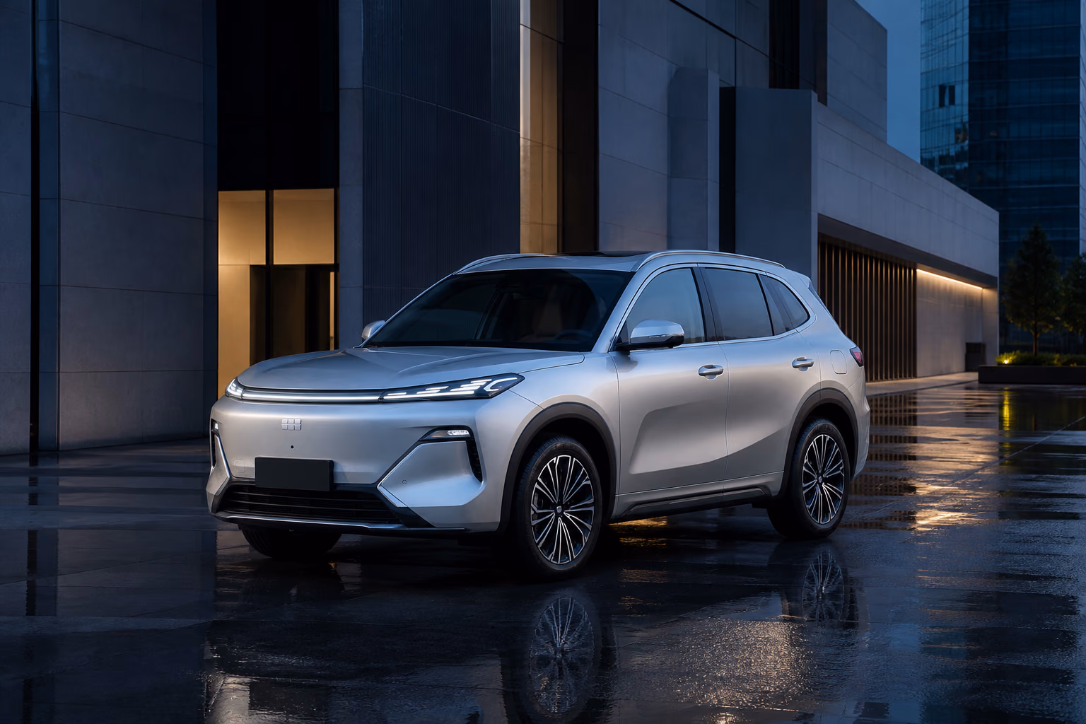 Geely Galaxy Starship 7 EM-i у премиальной городской архитектуры после дождя