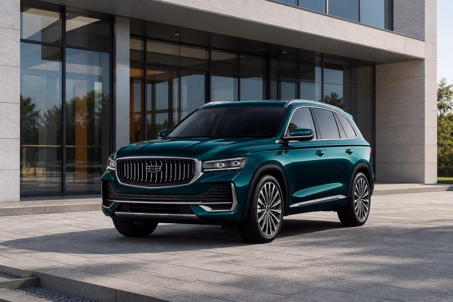 Зелёный Geely Monjaro у современного делового павильона