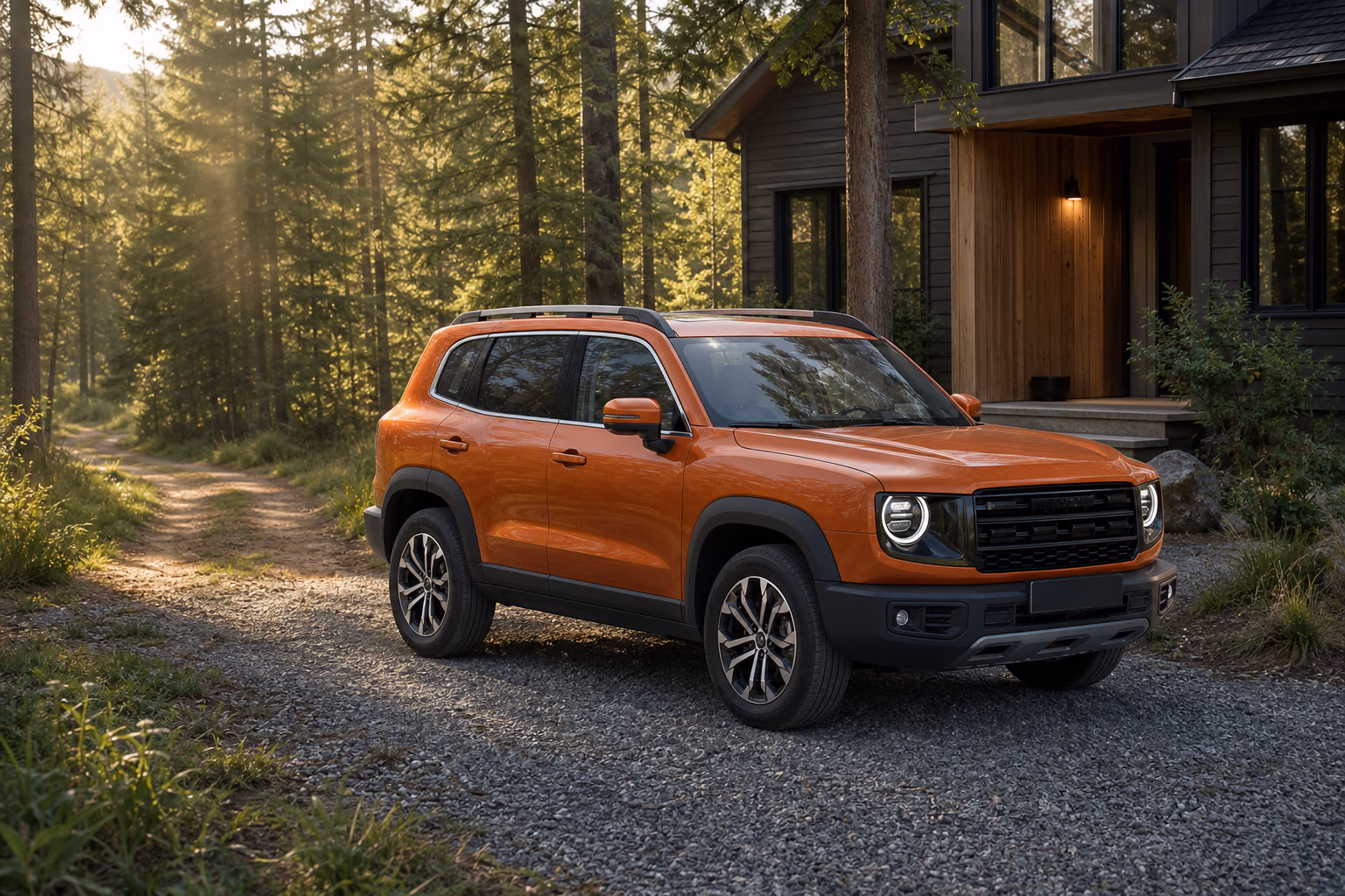 Оранжевый Haval Dargo у загородного дома и лесной дороги