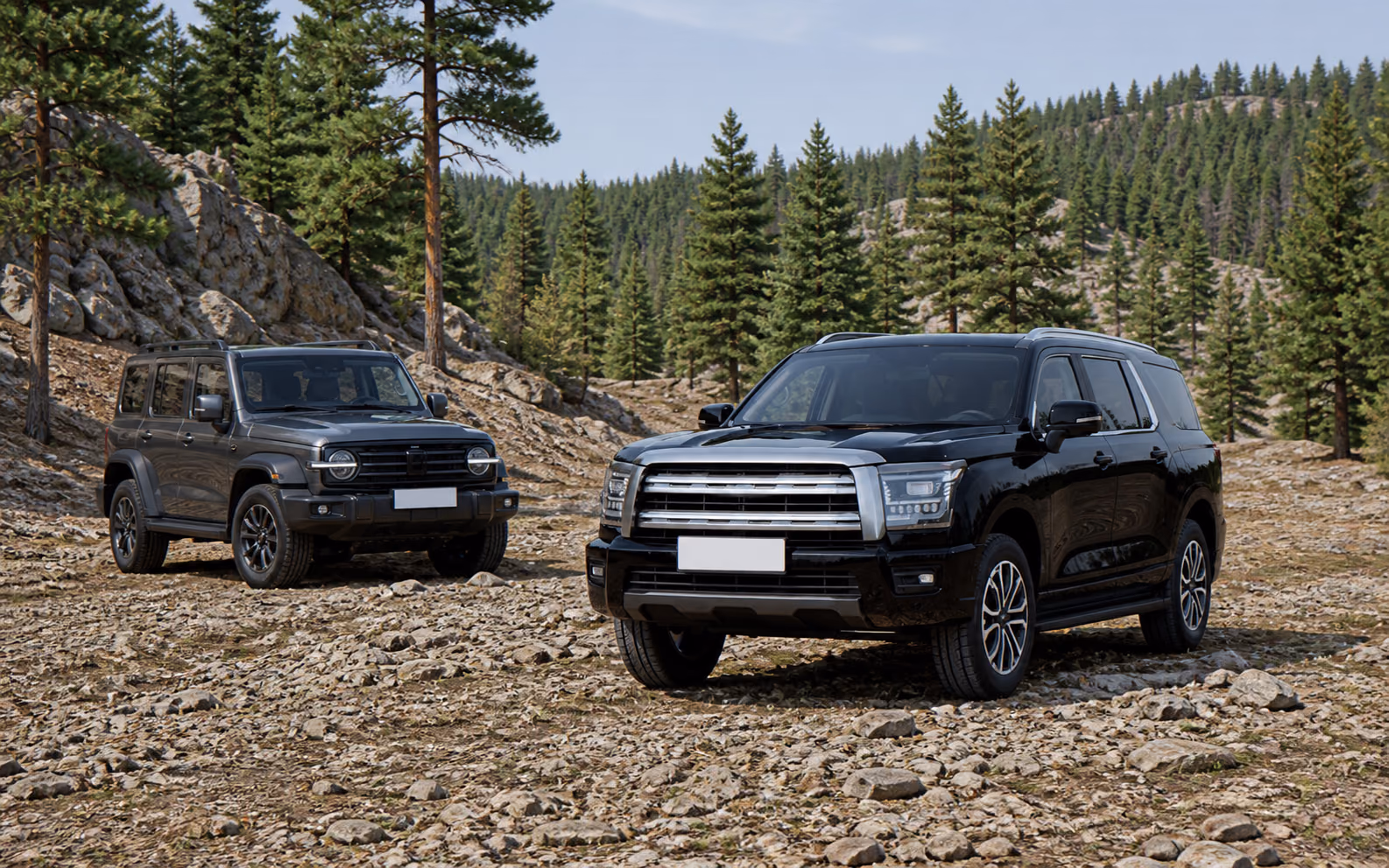 Haval H5 рядом с рамным внедорожником на каменистой дороге