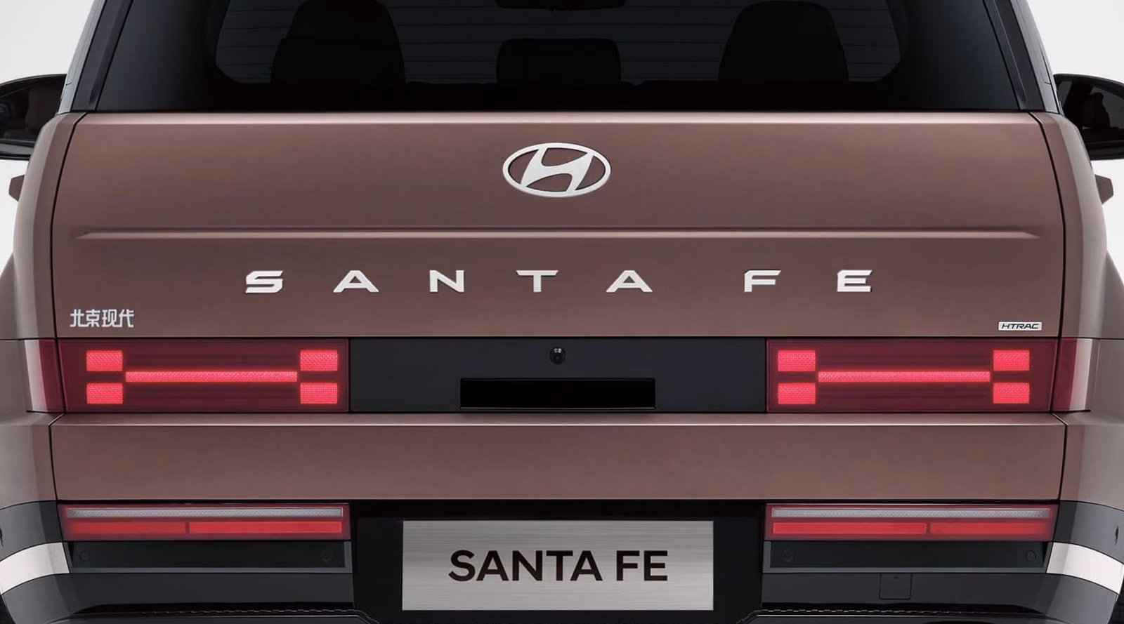 Задняя дверь Hyundai Santa Fe крупным планом: надпись SANTA FE и H-образные фонари