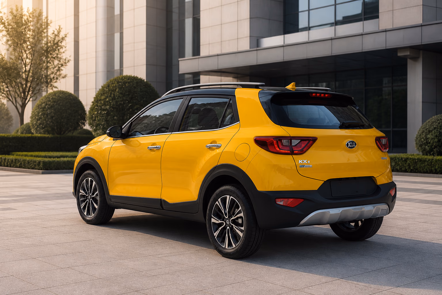 Жёлтый Kia KX1 у современного бизнес-центра