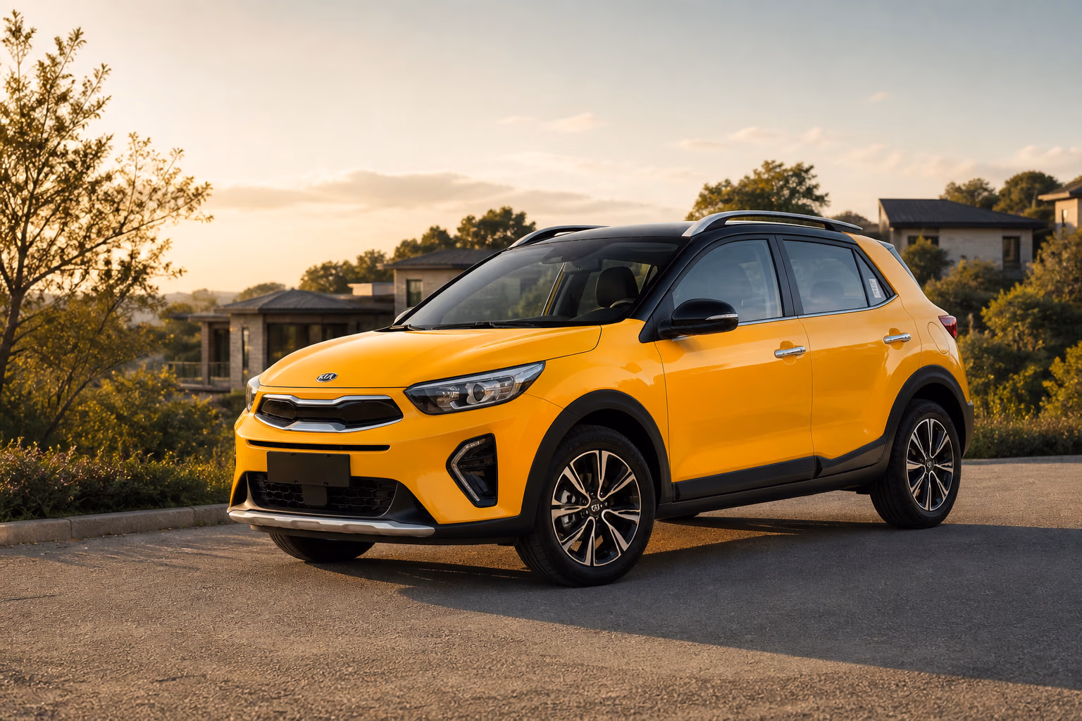 Жёлтый Kia KX1 у загородных домов