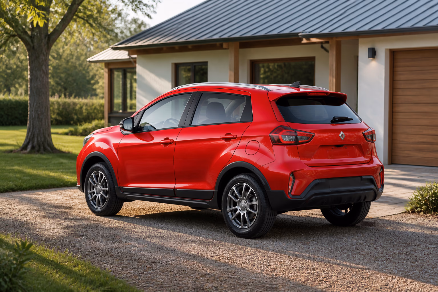 Красный Livan X3 Pro у современного загородного дома