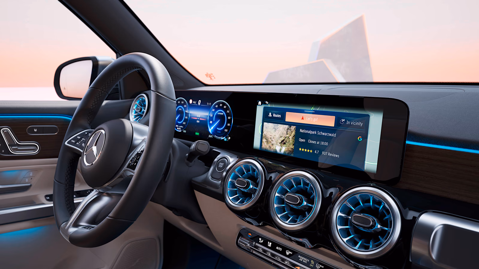 Mercedes-Benz EQB — передняя панель с рулём, приборами и экраном MBUX