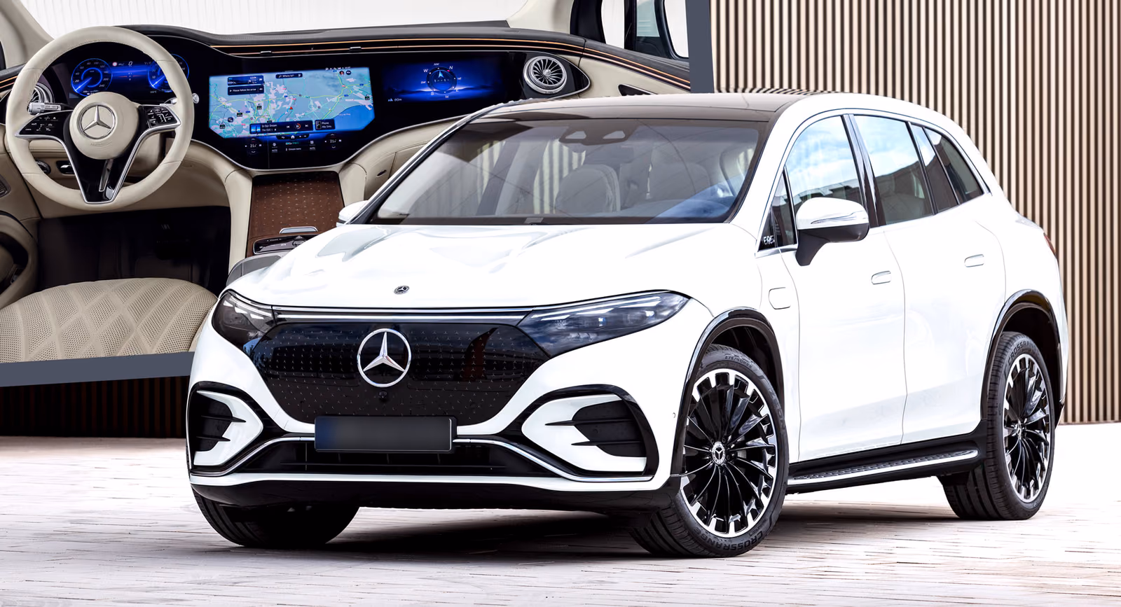 Mercedes-Benz EQS SUV — белый кроссовер спереди в три четверти у деревянного фасада