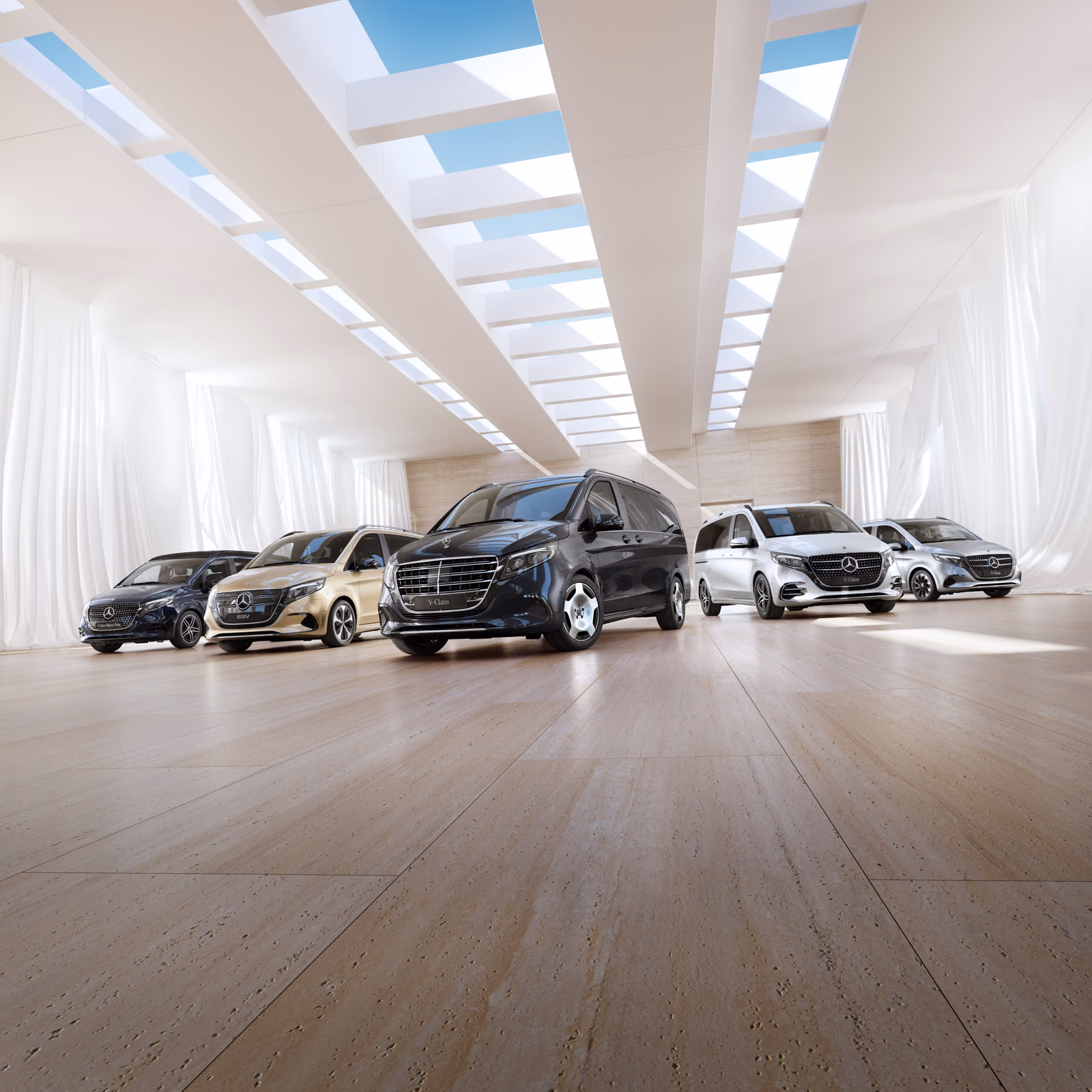 Mercedes-Benz EQV и V-Class — обновлённая линейка минивэнов в светлой студии