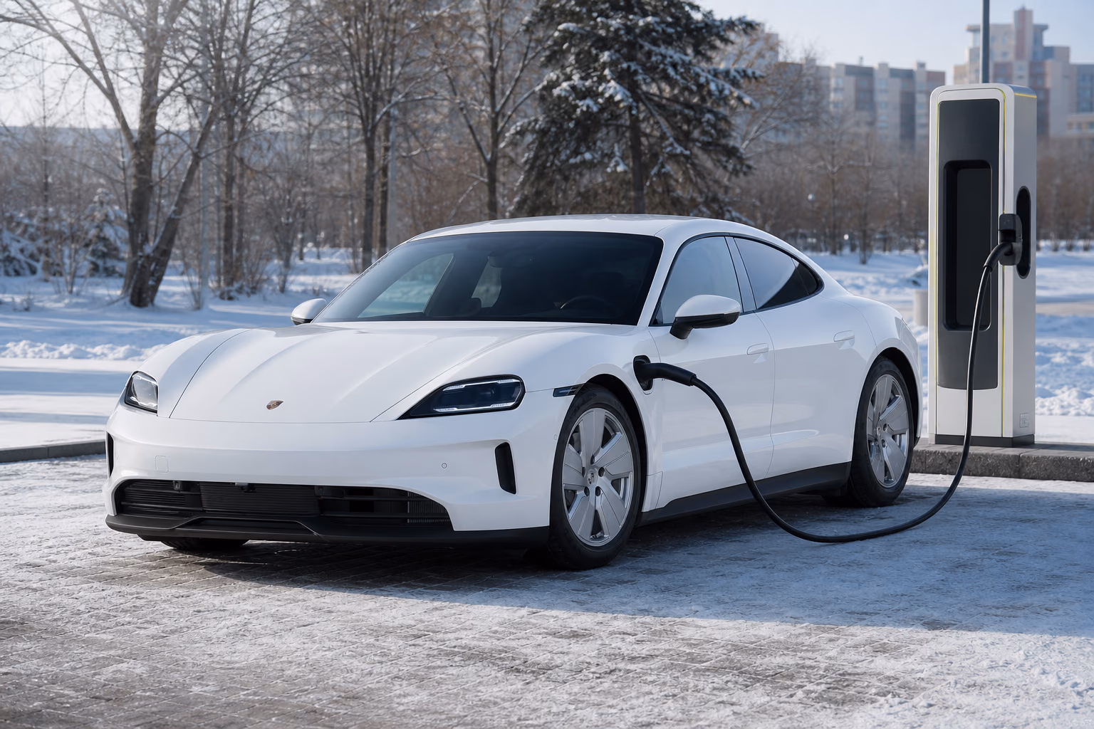 Porsche Taycan у общественной быстрой зарядной станции зимой