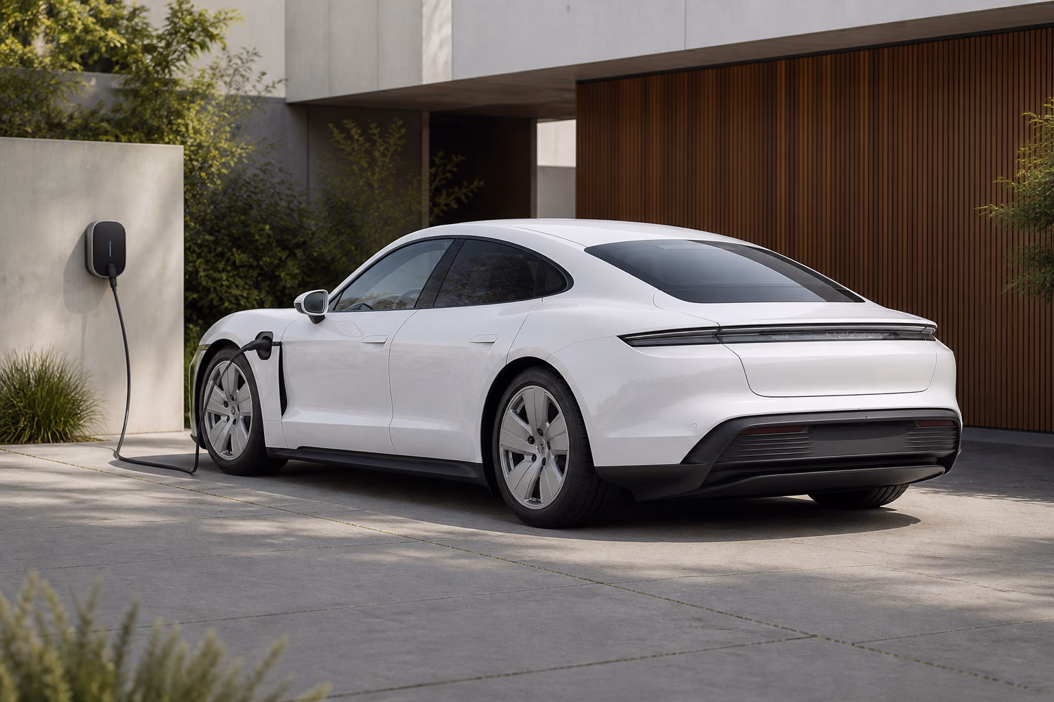 Porsche Taycan на домашней зарядке в частном дворе