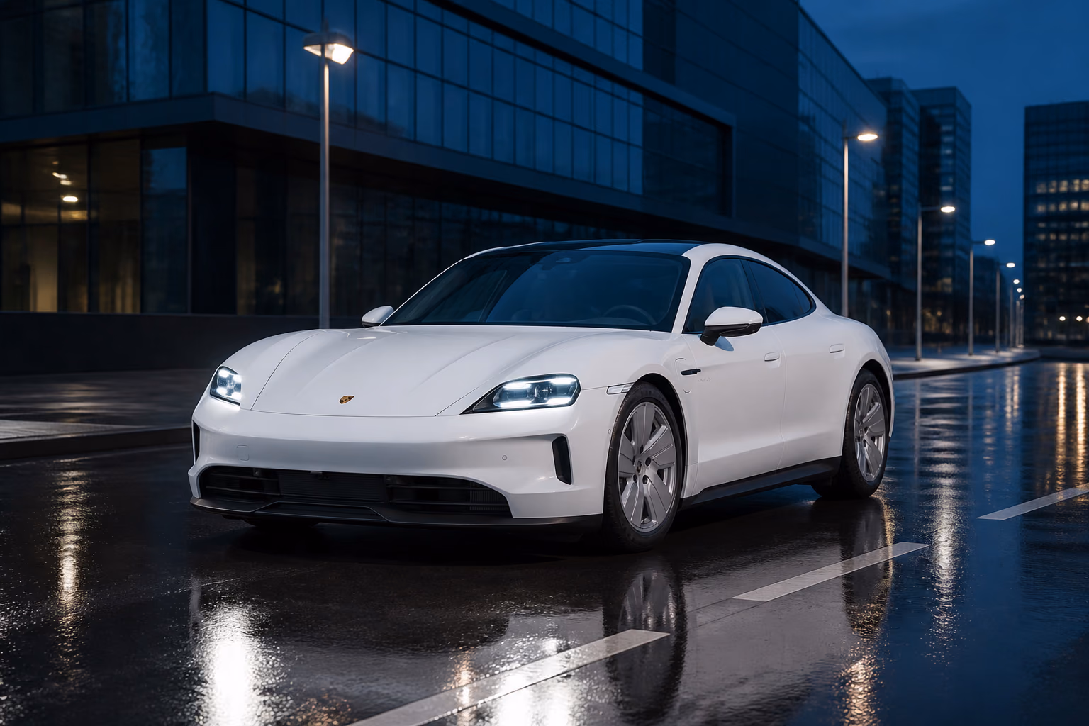 Porsche Taycan на мокрой городской улице в сумерках