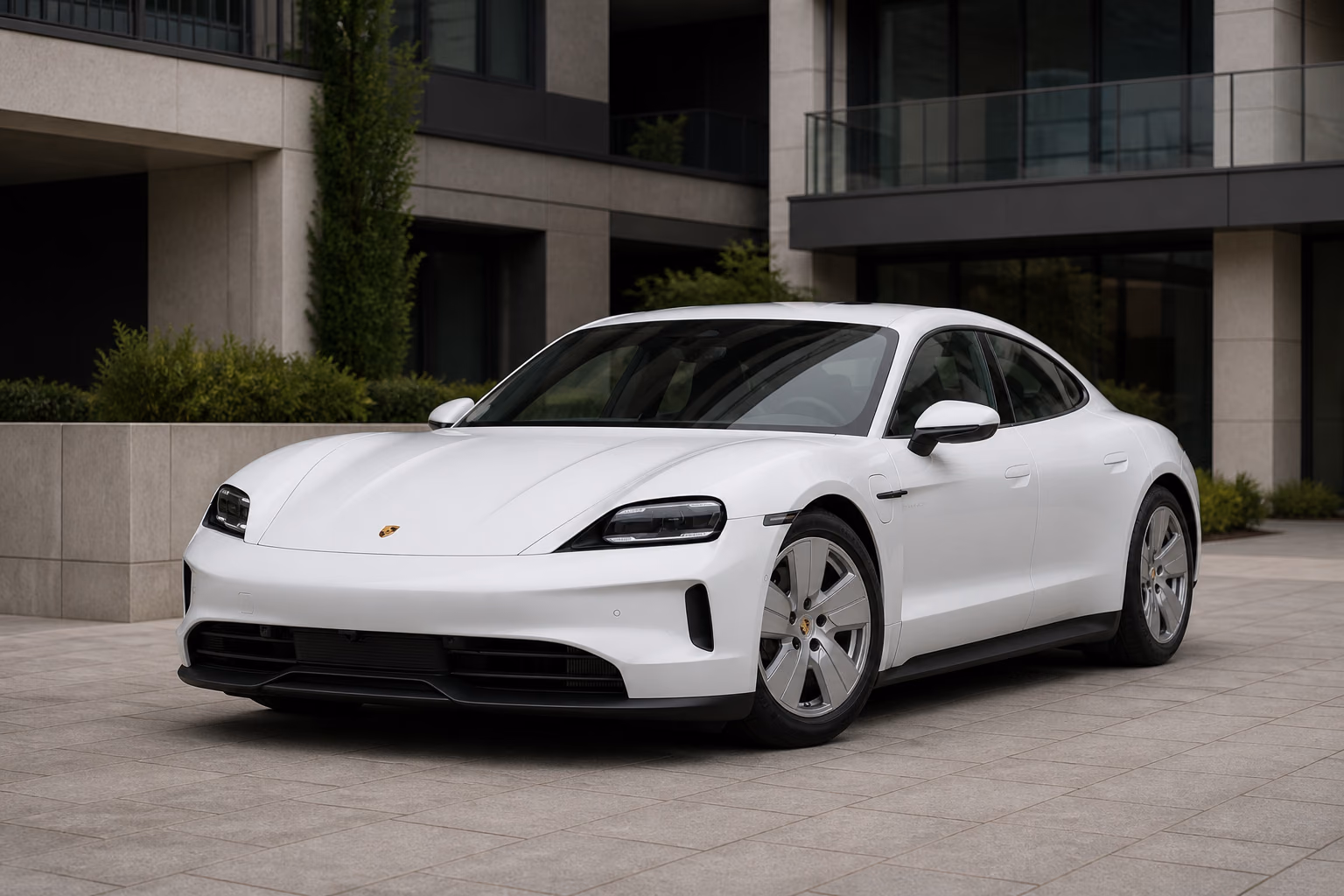 Porsche Taycan у современного жилого дома