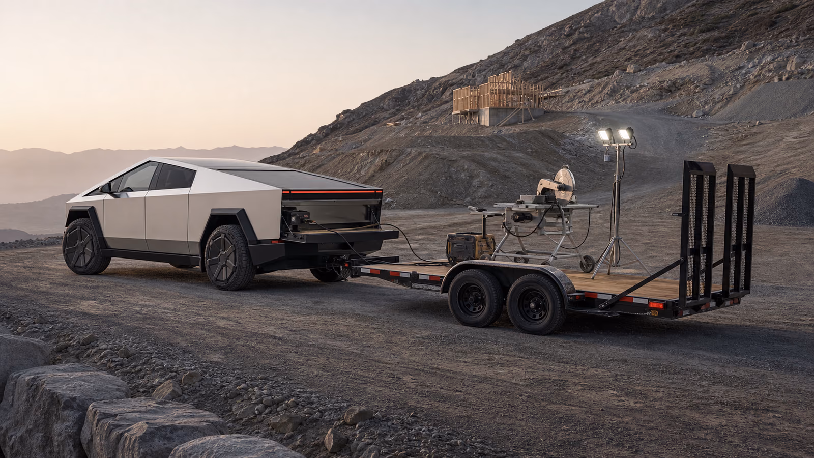 Tesla Cybertruck Cyberbeast с прицепом и оборудованием на стройке