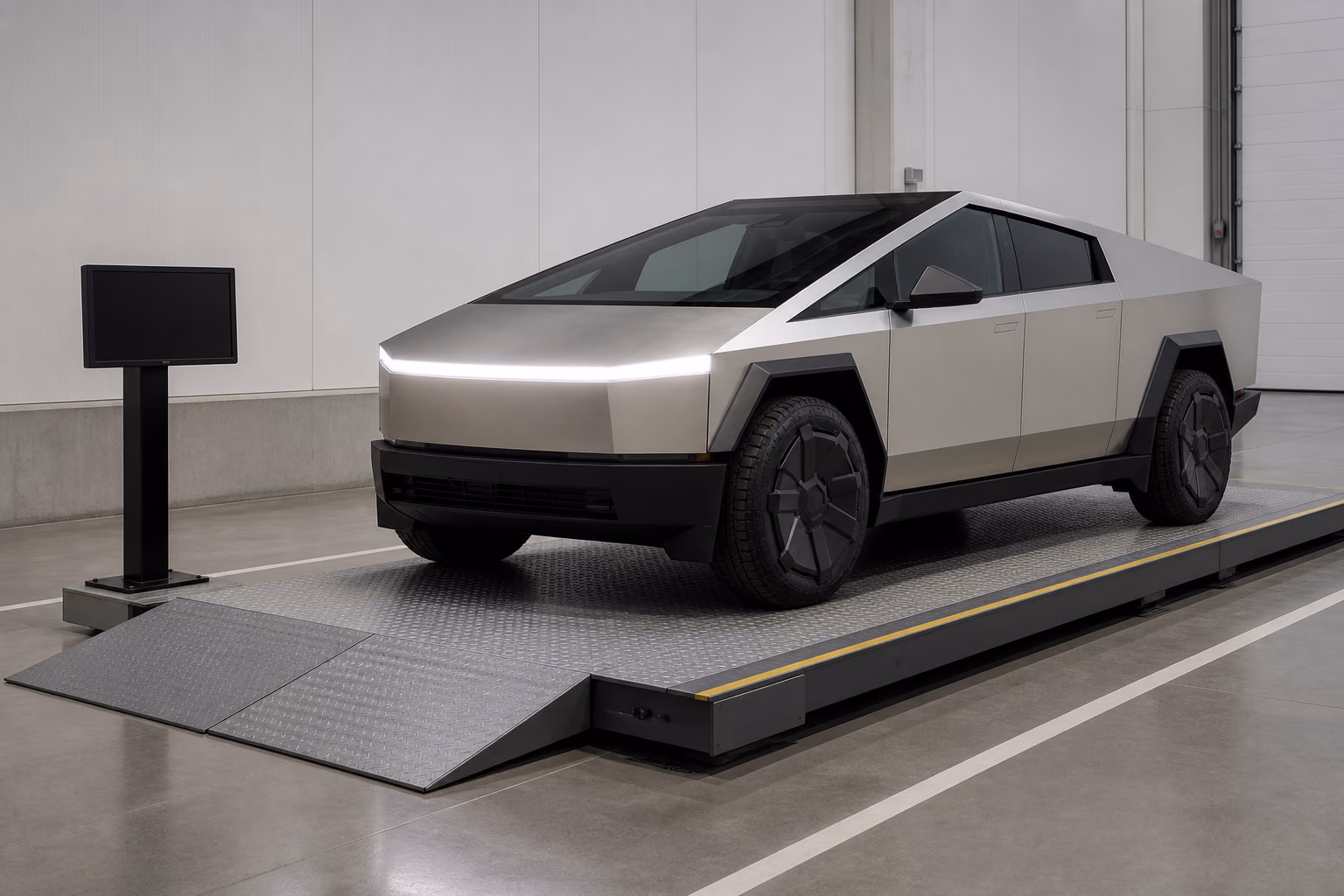 Tesla Cybertruck на весовой платформе для проверки категории прав