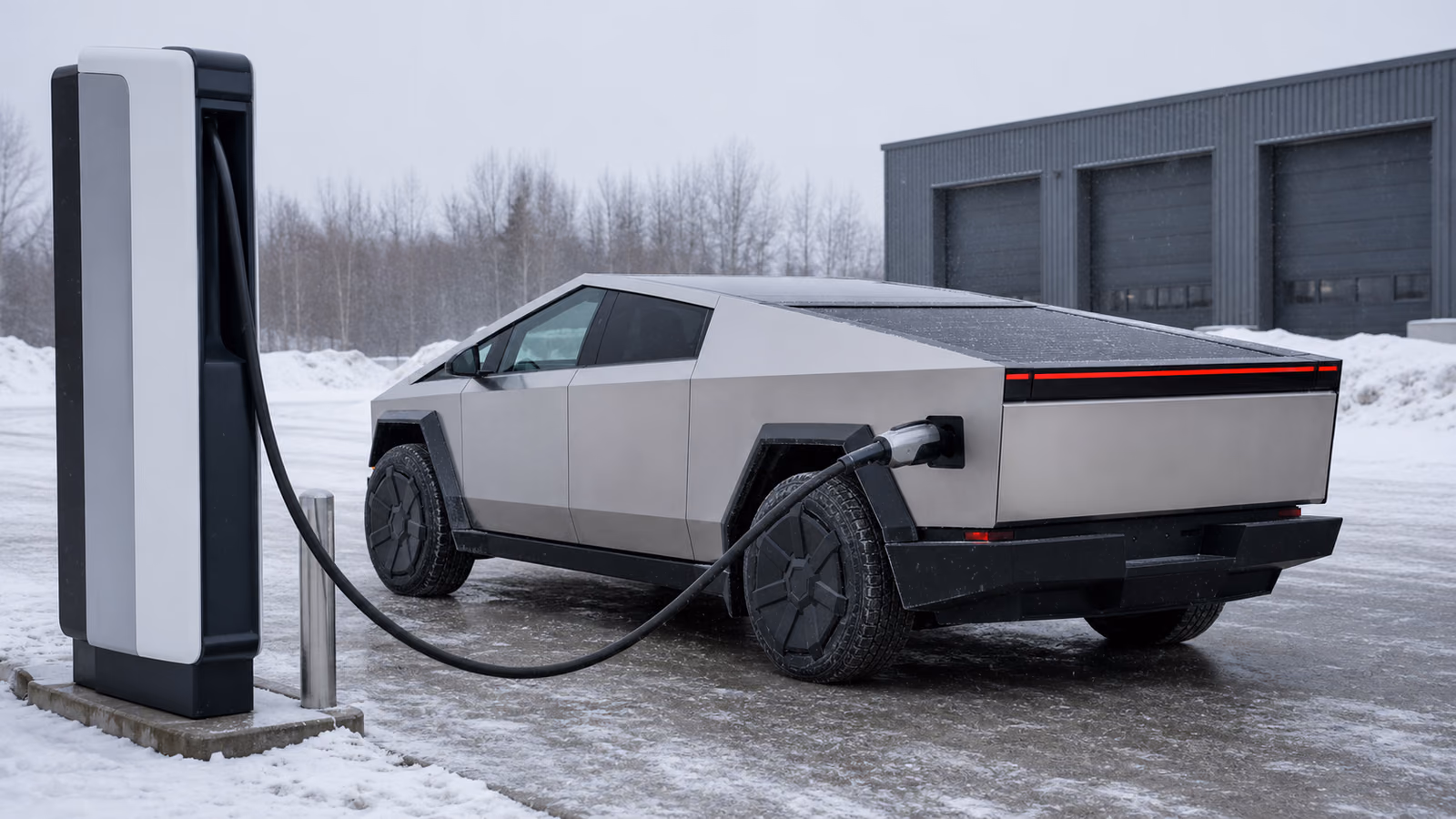 Tesla Cybertruck на зарядке через адаптер вне сети Supercharger