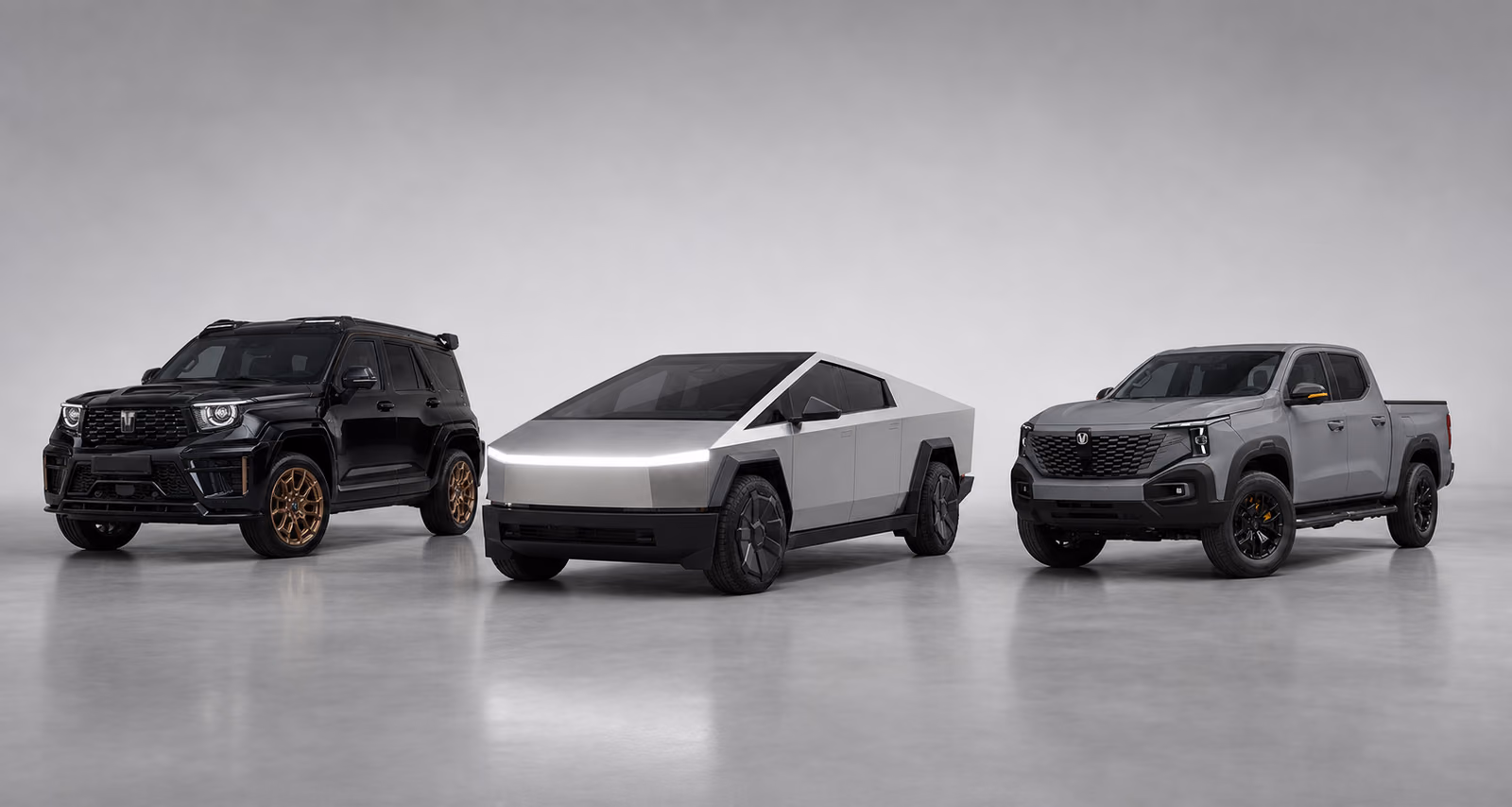Tesla Cybertruck рядом с TANK 700 и Changan Hunter