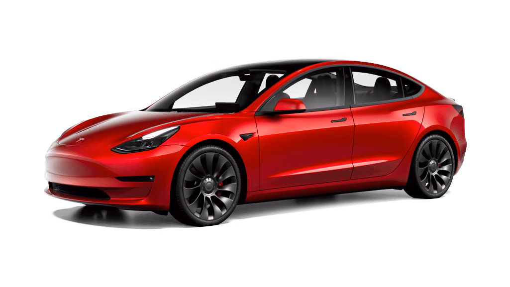 Красный Tesla Model 3 в студийном ракурсе