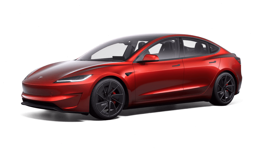 Tesla Model 3 — вид спереди в три четверти, студийный кадр