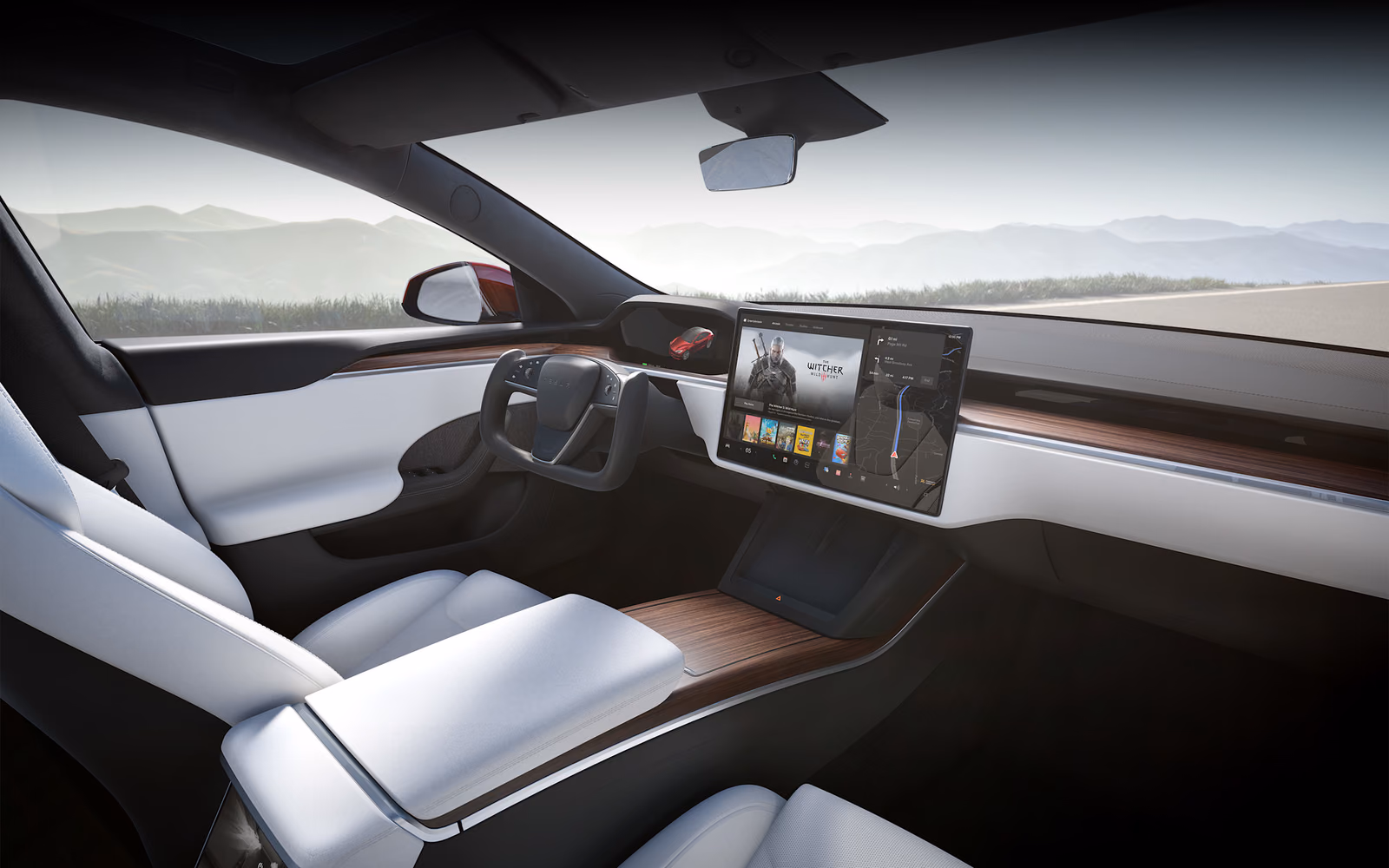 Передняя часть салона Tesla Model S со светлой отделкой