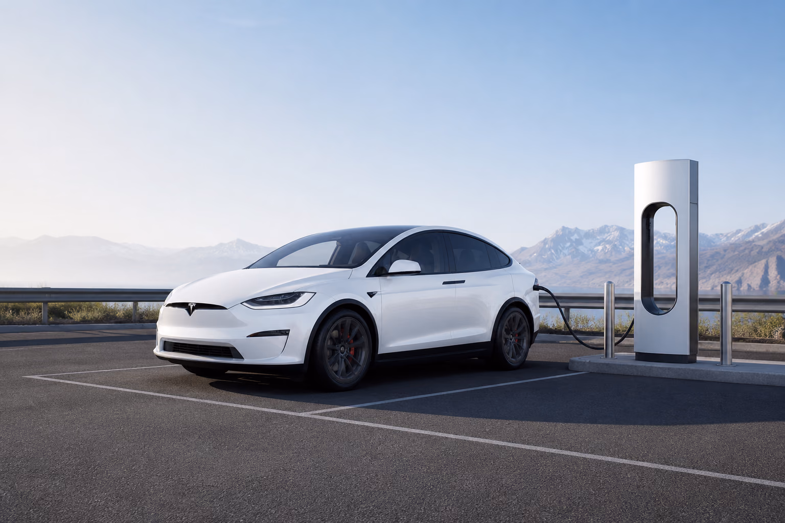 Белая Tesla Model X у зарядной станции на горной дороге