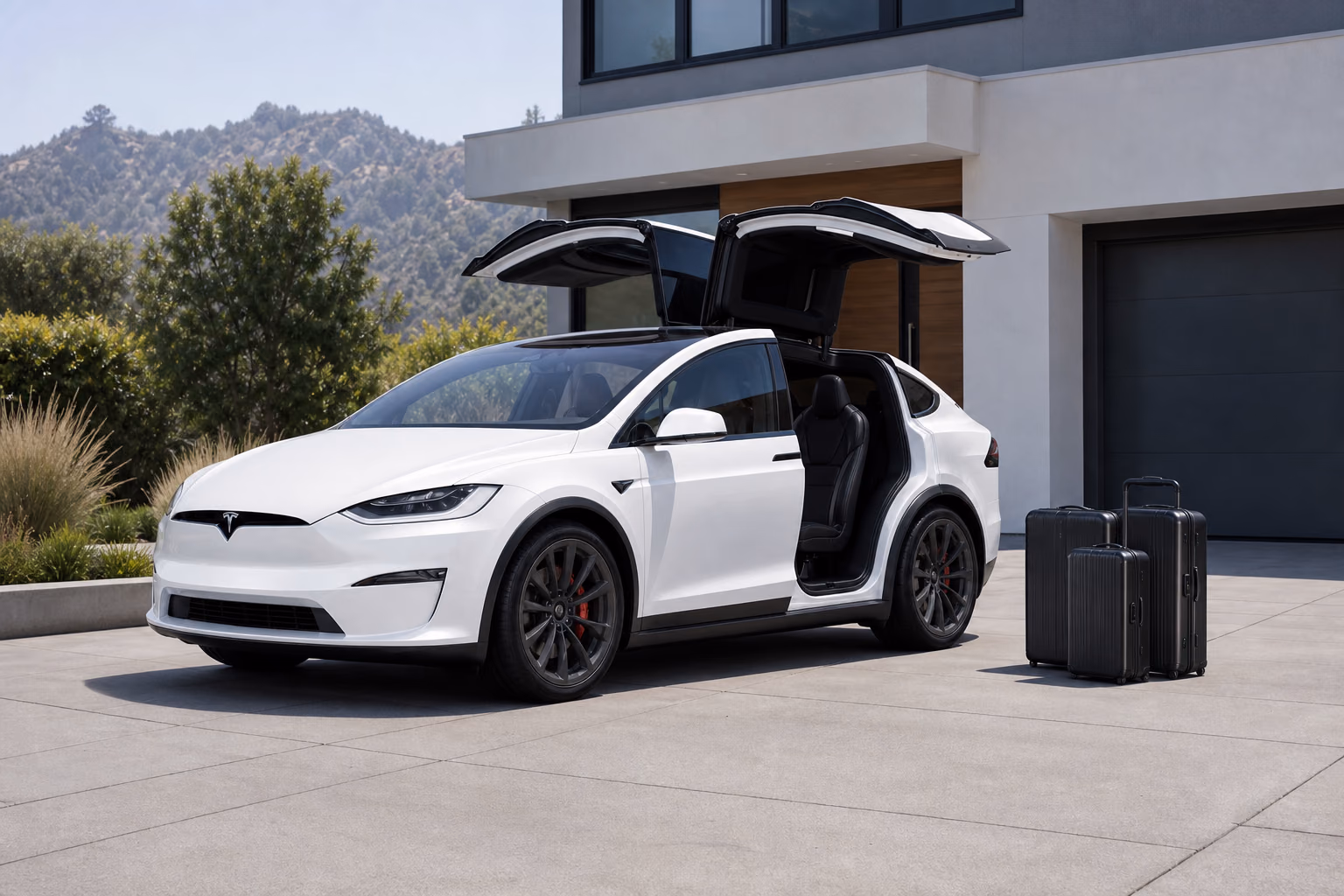 Белая Tesla Model X с открытыми дверями Falcon Wing у загородного дома