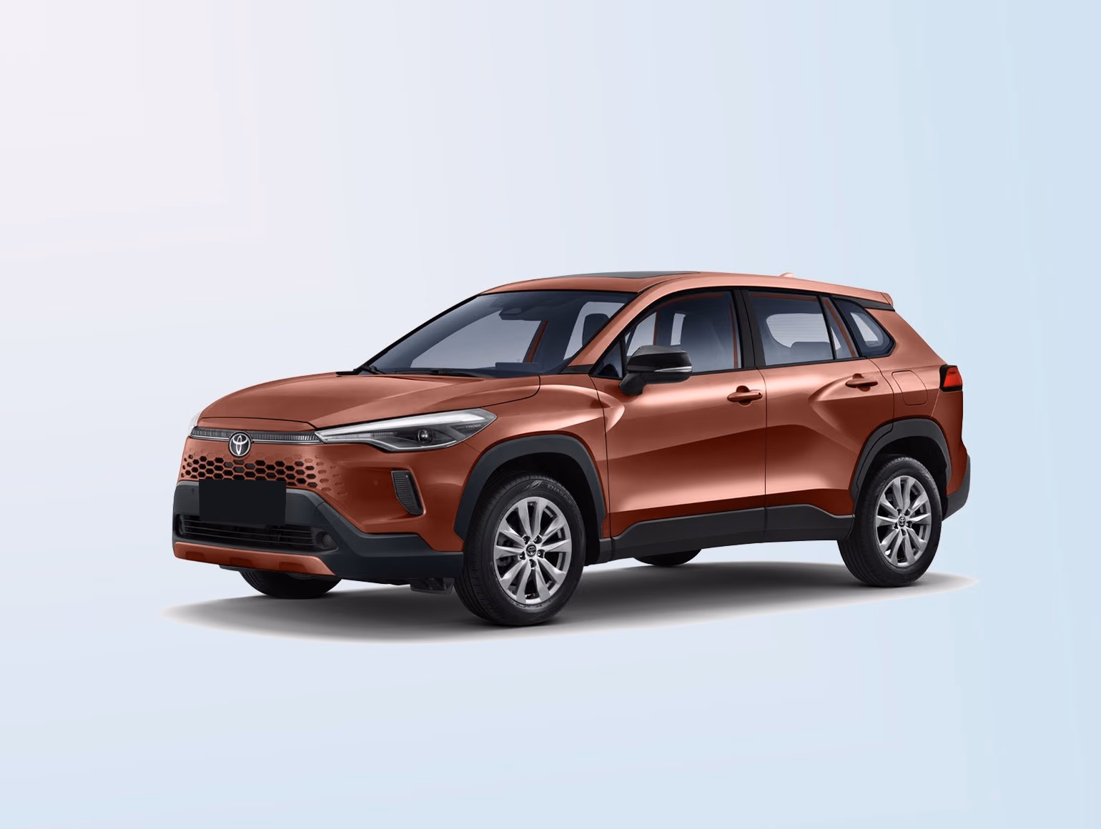 Медная Toyota Corolla Cross 2026 для рынка Китая в светлой студии, вид спереди в три четверти