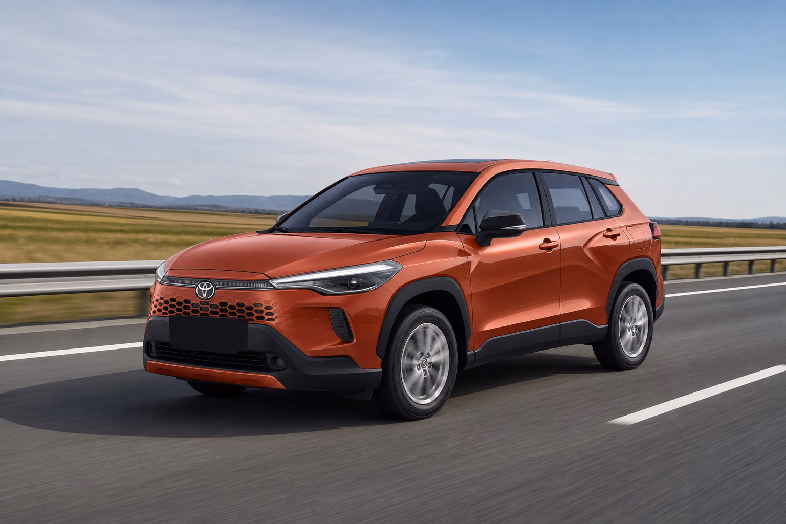 Медная Toyota Corolla Cross в движении по скоростной трассе