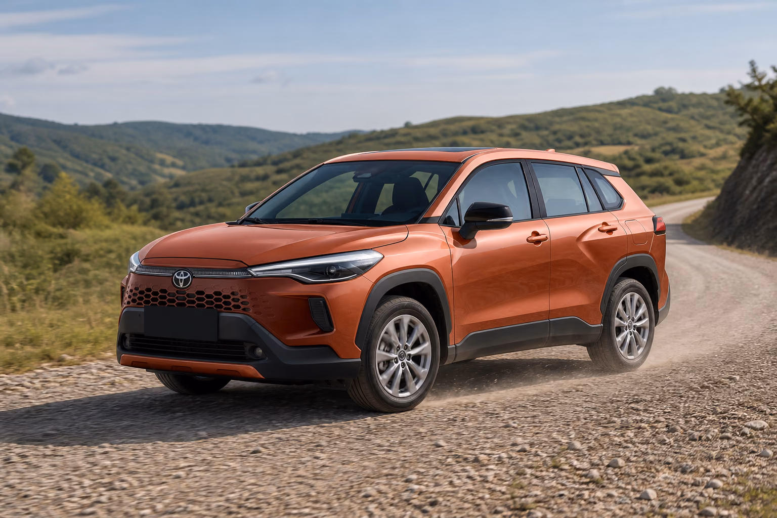 Медная переднеприводная Toyota Corolla Cross на сухой гравийной дороге