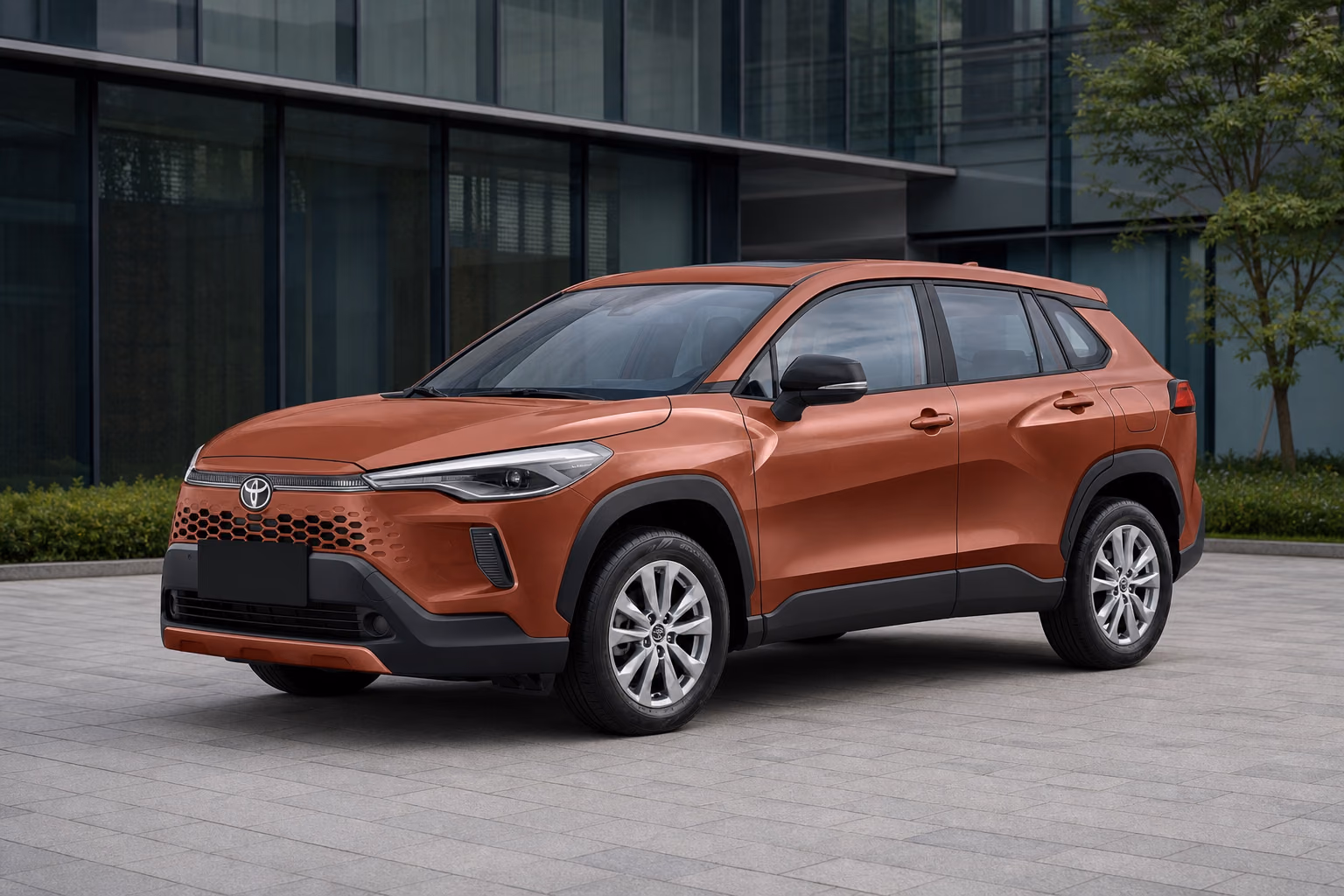 Медная Toyota Corolla Cross у современного здания в нейтральной городской сцене
